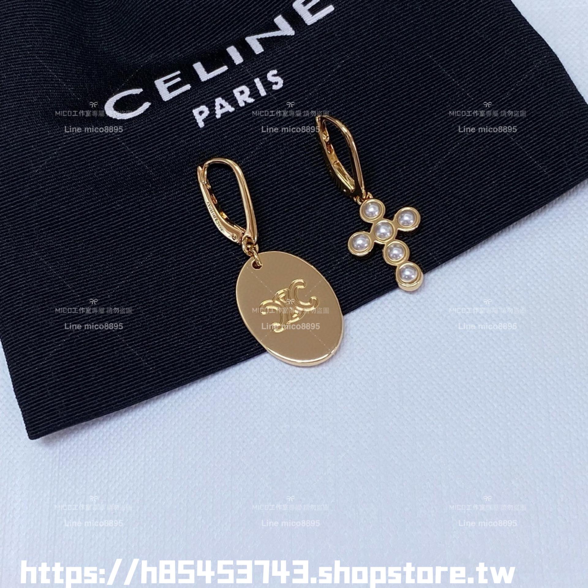 Celine 經典凱旋門+十字架 不對稱設計款耳環