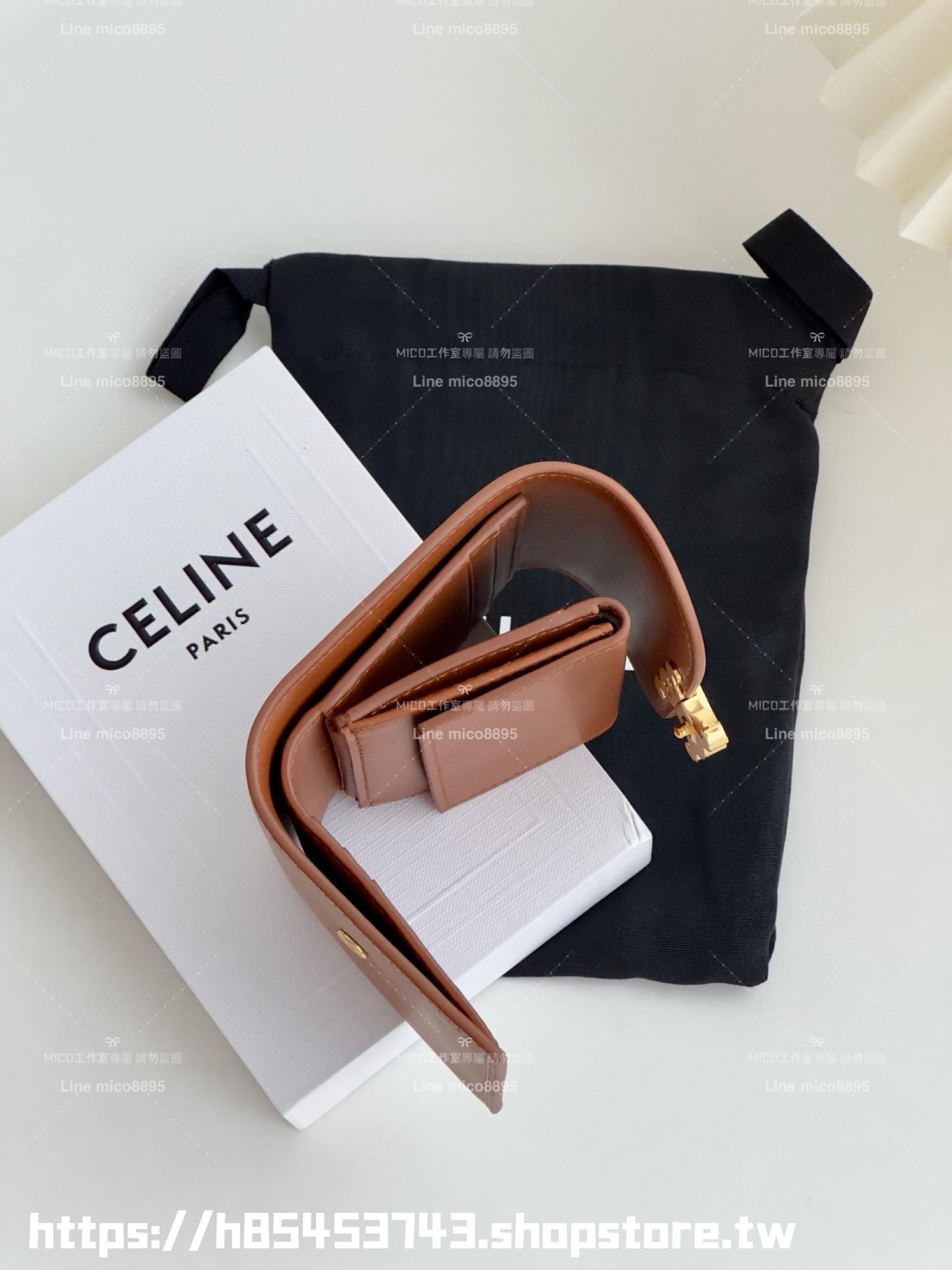 Celine 焦糖色 牛皮/真皮 凱旋門釦三折錢包/短夾