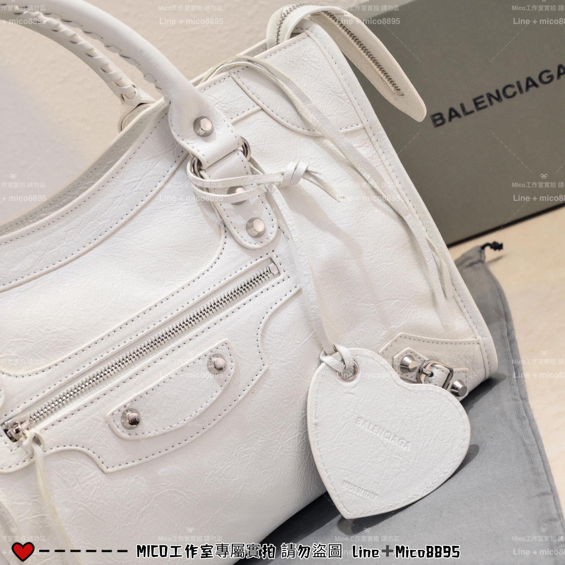 BALANCIAGA 羊皮/真皮 銀釦/白色 Le City Bag－Medium 中號 新版本機車包 通勤包 媽媽包 38cm