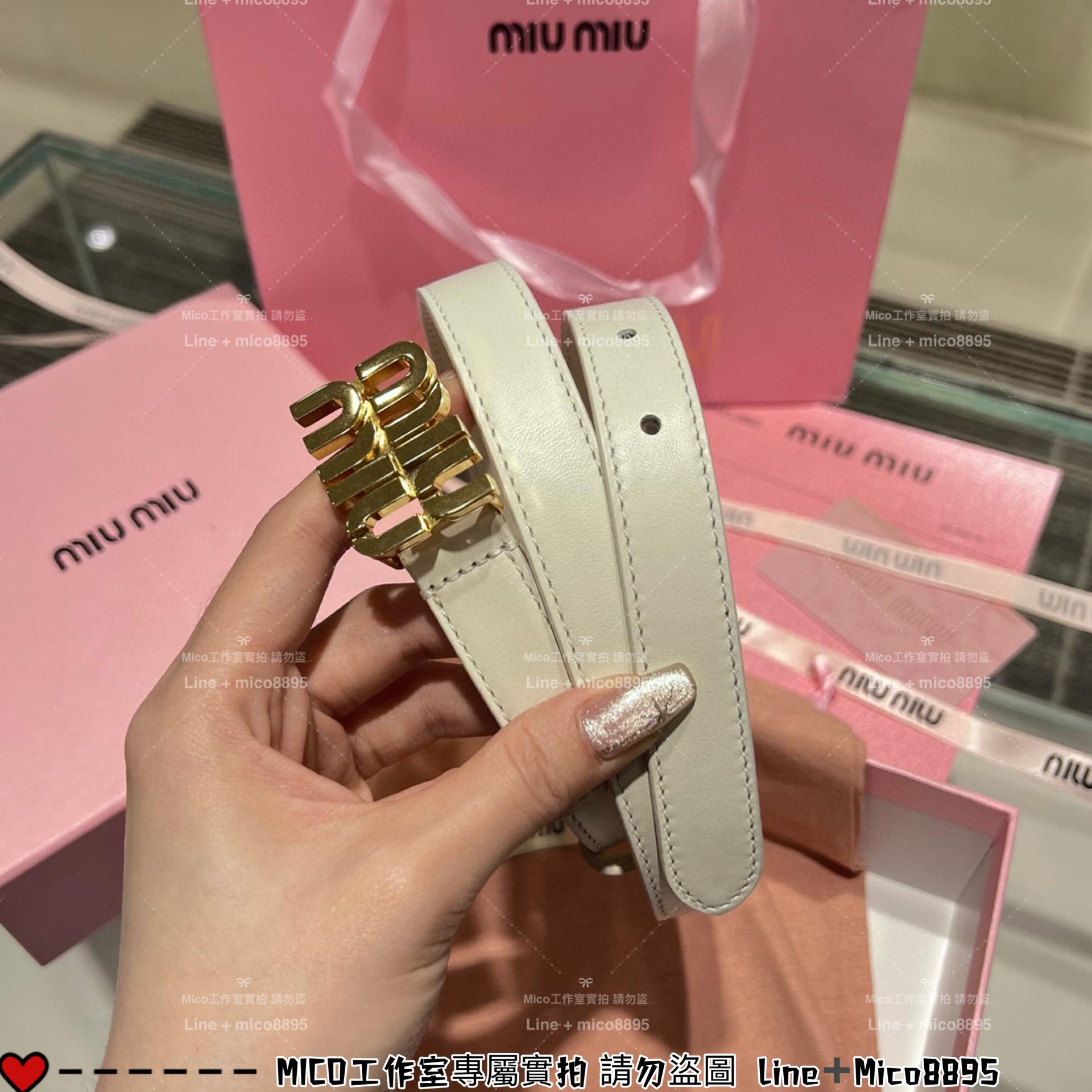 Miumiu 經典long釦 純銅五金 寬2cm 真皮皮帶/腰帶 黑色/白色