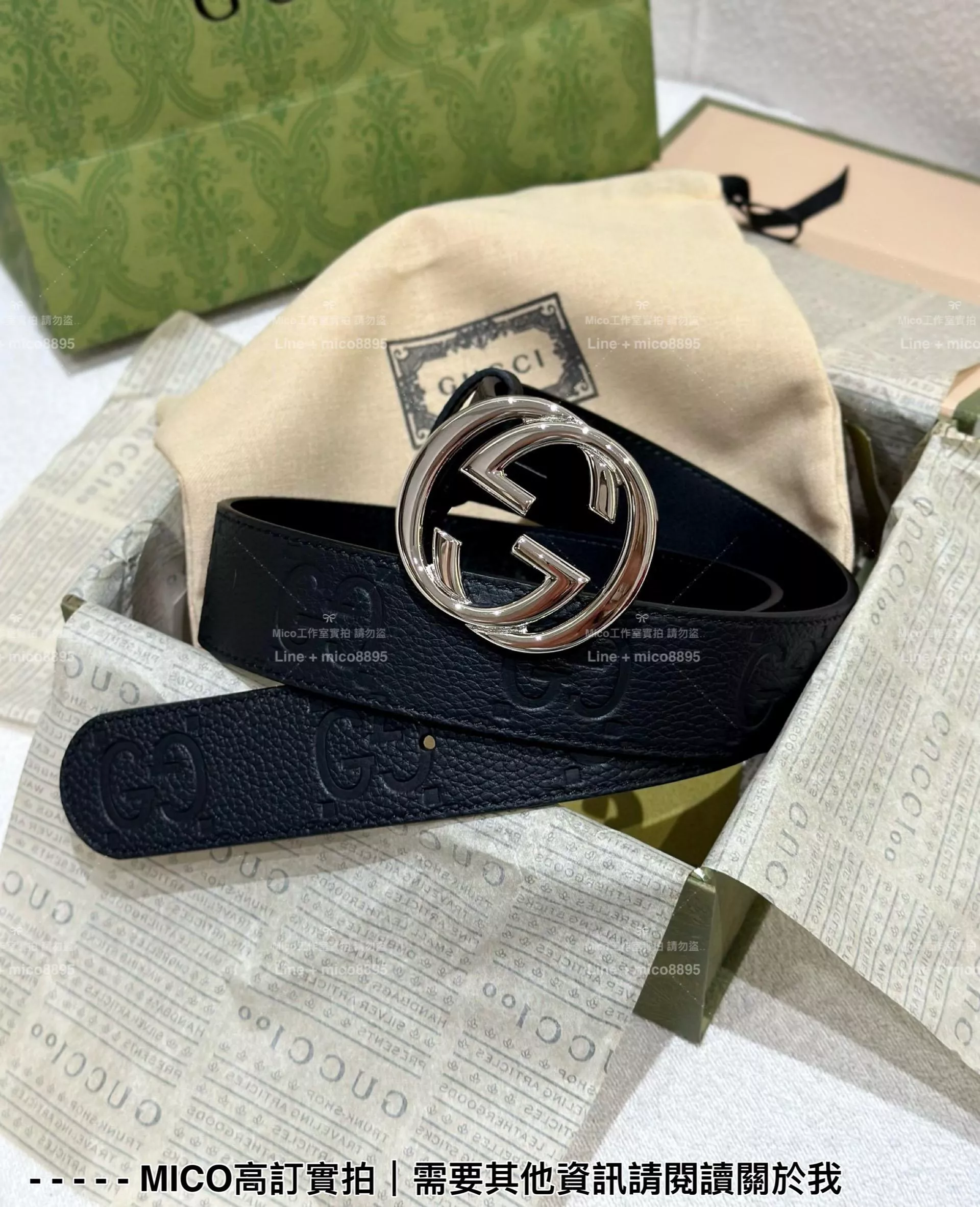 Gucci 經典男士全皮LoGo印花皮帶 銀色雙G環扣 寬4cm