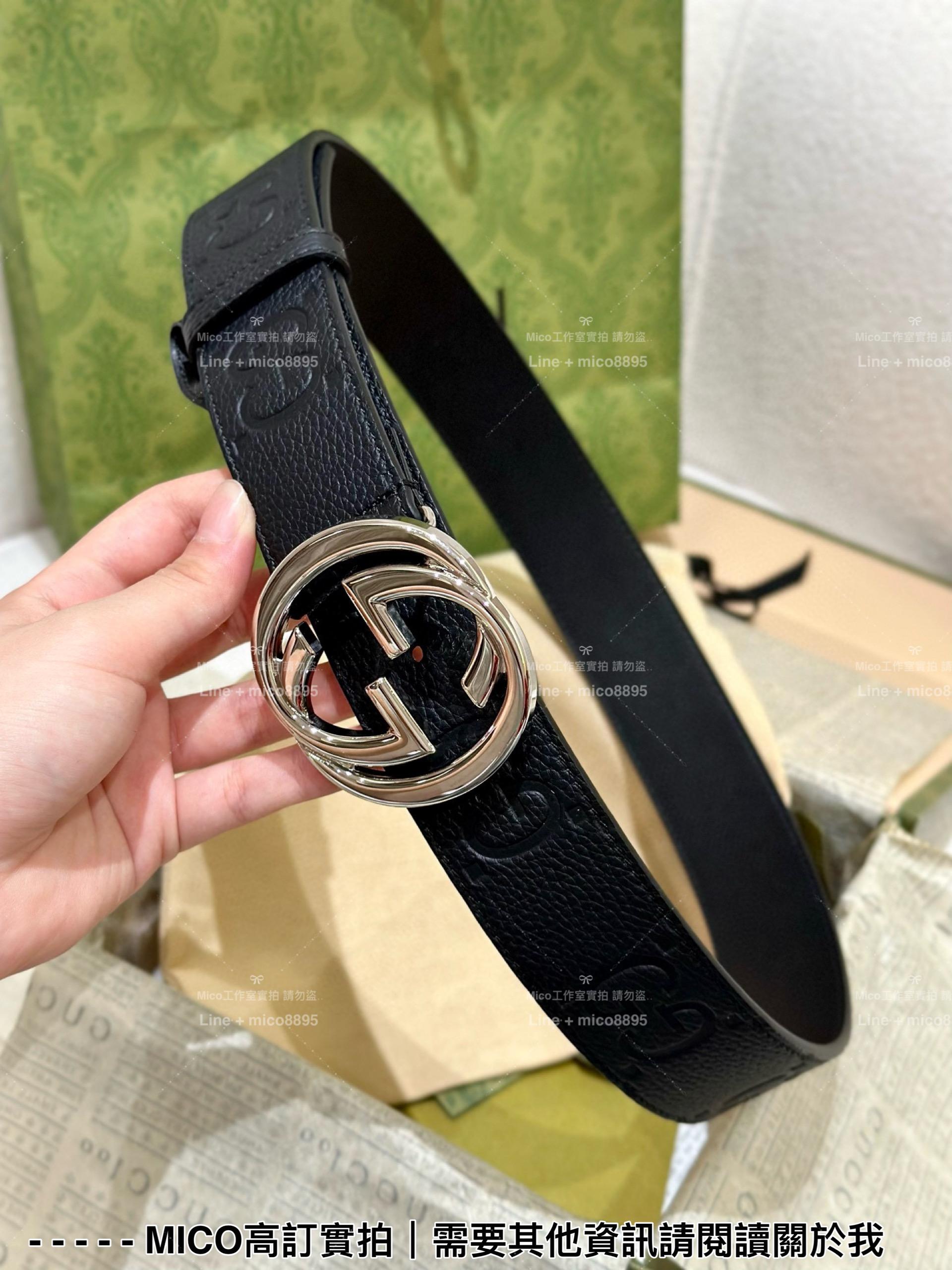 Gucci 經典男士全皮LoGo印花皮帶 銀色雙G環扣 寬4cm