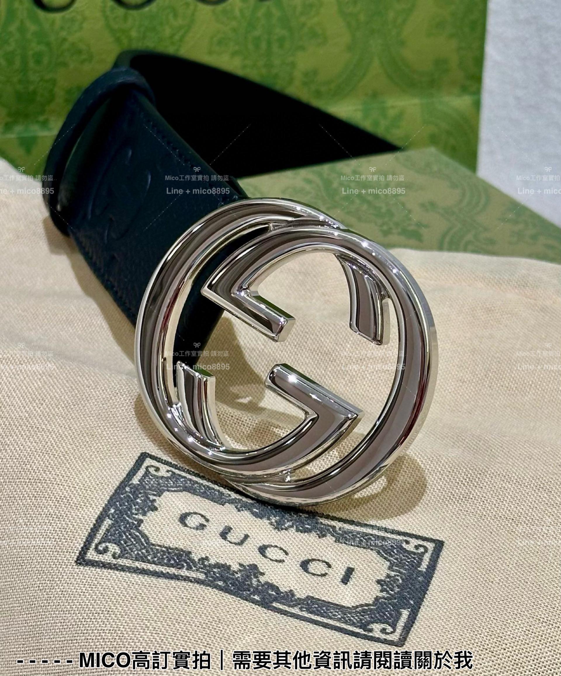 Gucci 經典男士全皮LoGo印花皮帶 銀色雙G環扣 寬4cm