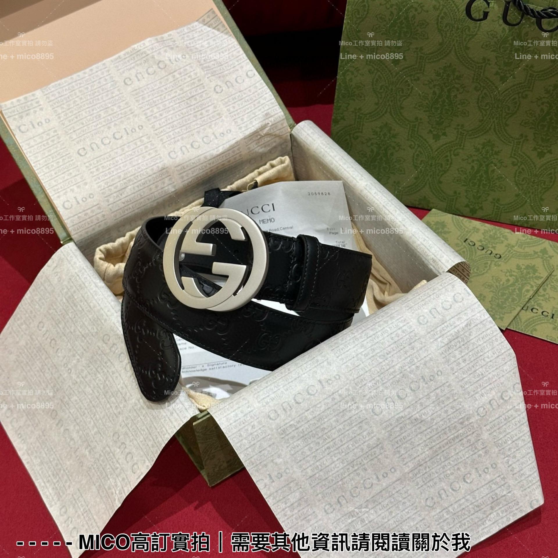 Gucci 銀色雙G環扣 全皮LoGo印花皮帶