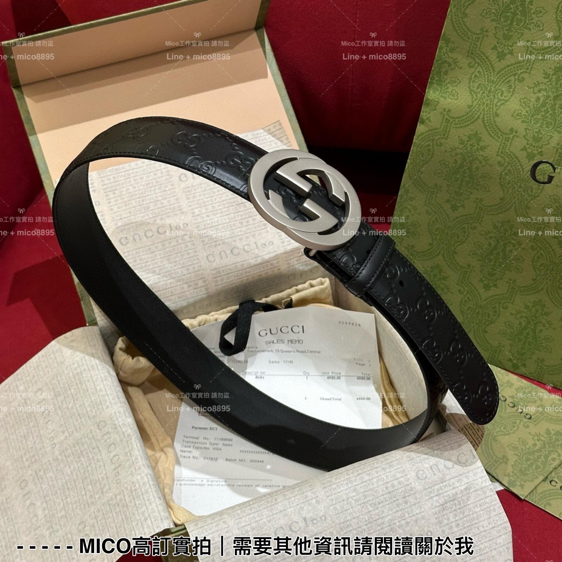 Gucci 銀色雙G環扣 全皮LoGo印花皮帶