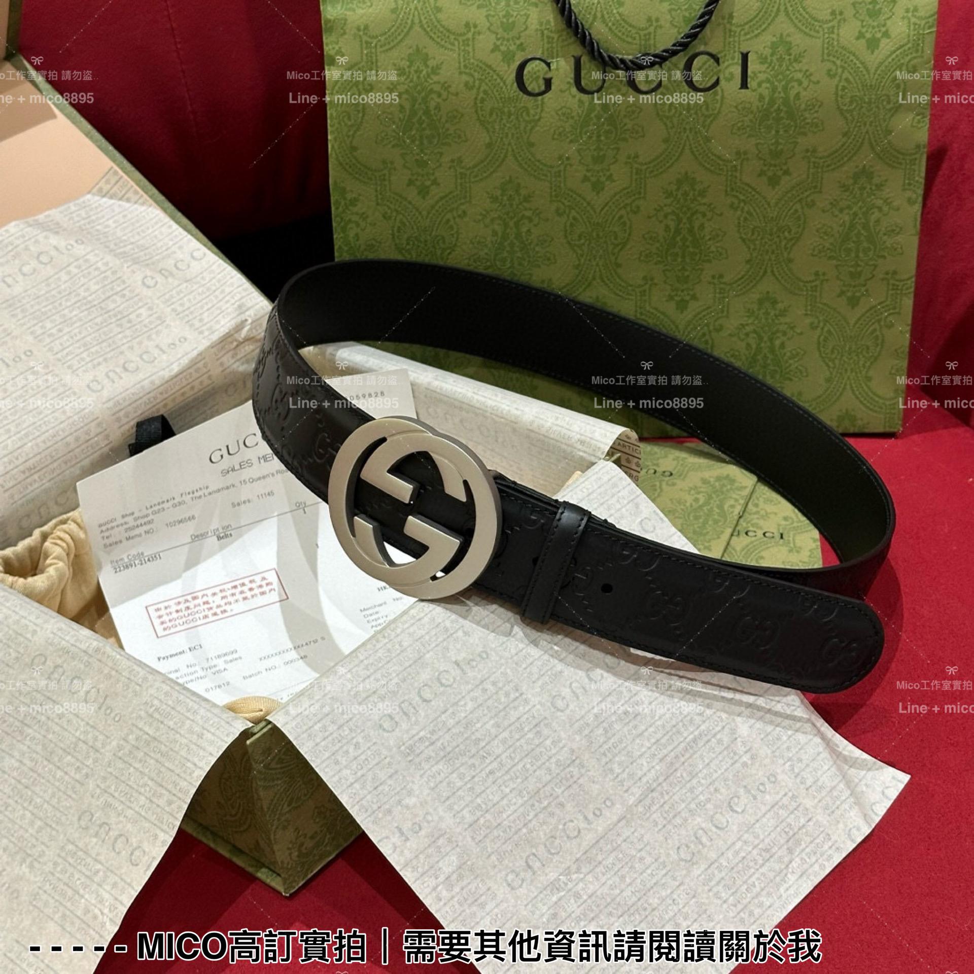 Gucci 銀色雙G環扣 全皮LoGo印花皮帶