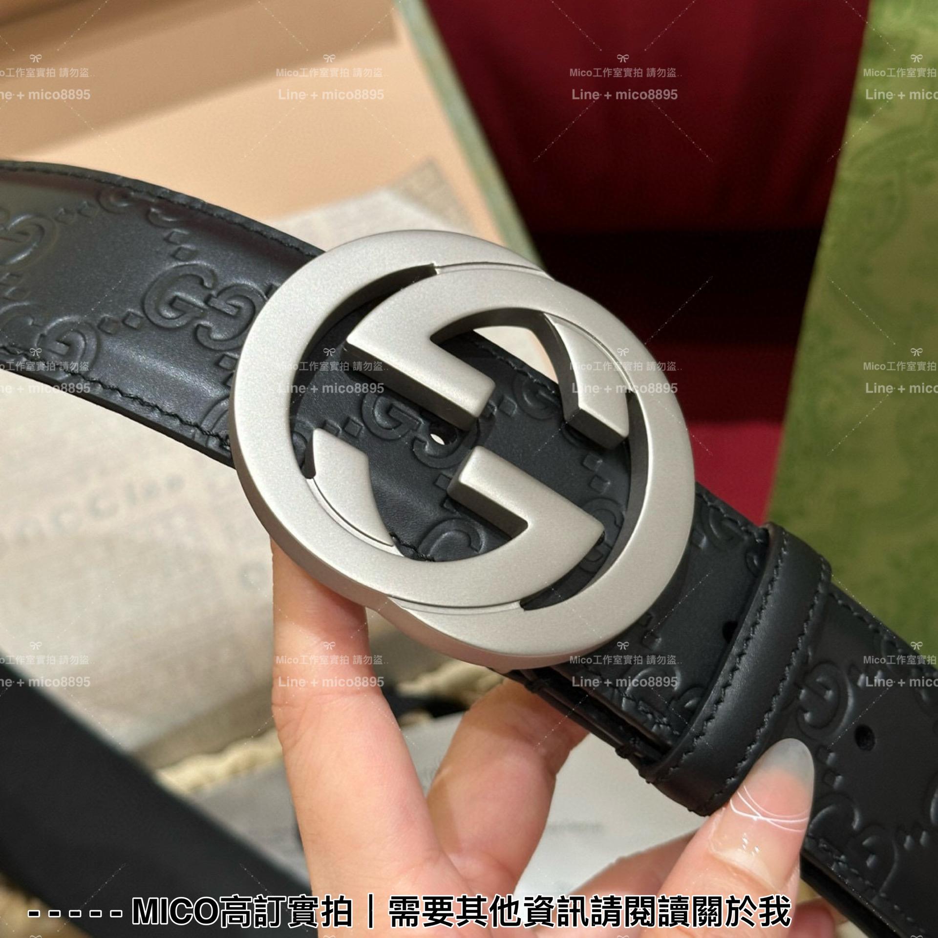 Gucci 銀色雙G環扣 全皮LoGo印花皮帶