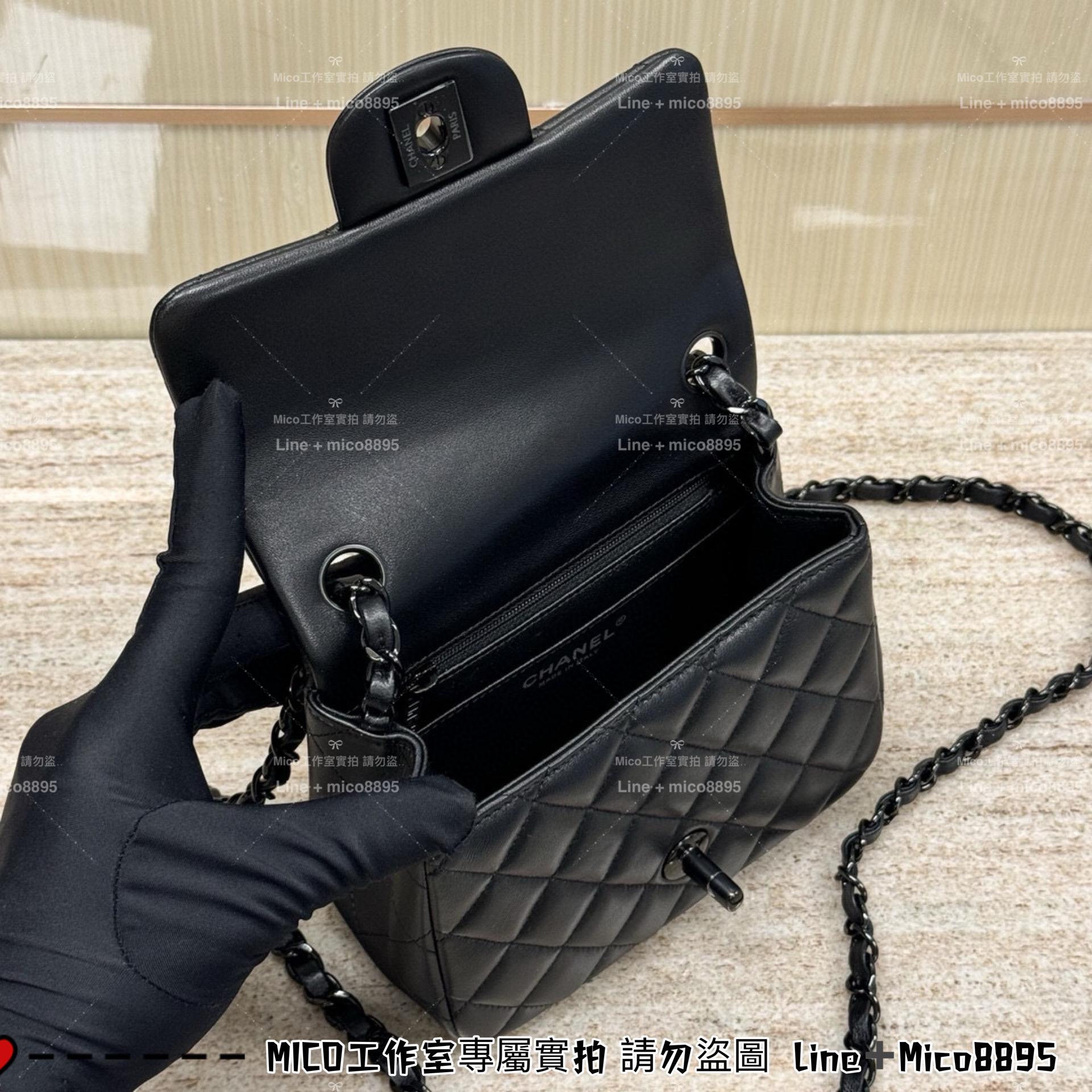 CHANEL All black 全黑羊皮 Classic Flap mini 方胖子 CF 口蓋包 17cm