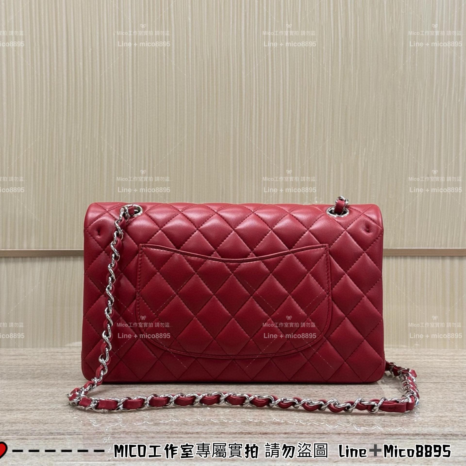 CHANEL 酒紅羊皮/銀釦 Classic Flap Medium中號  CF 口蓋包 25cm