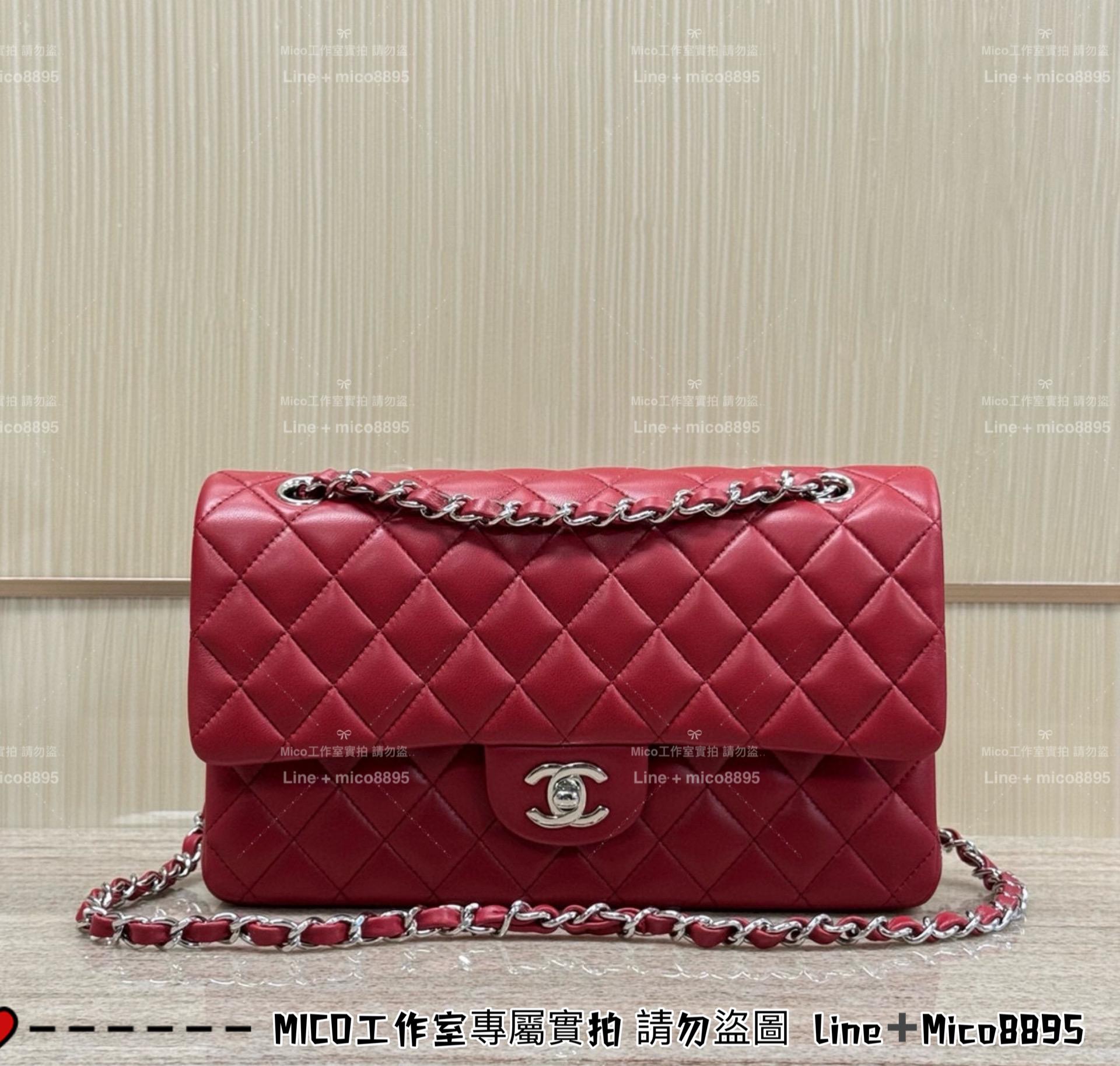 CHANEL 酒紅羊皮/銀釦 Classic Flap Medium中號  CF 口蓋包 25cm