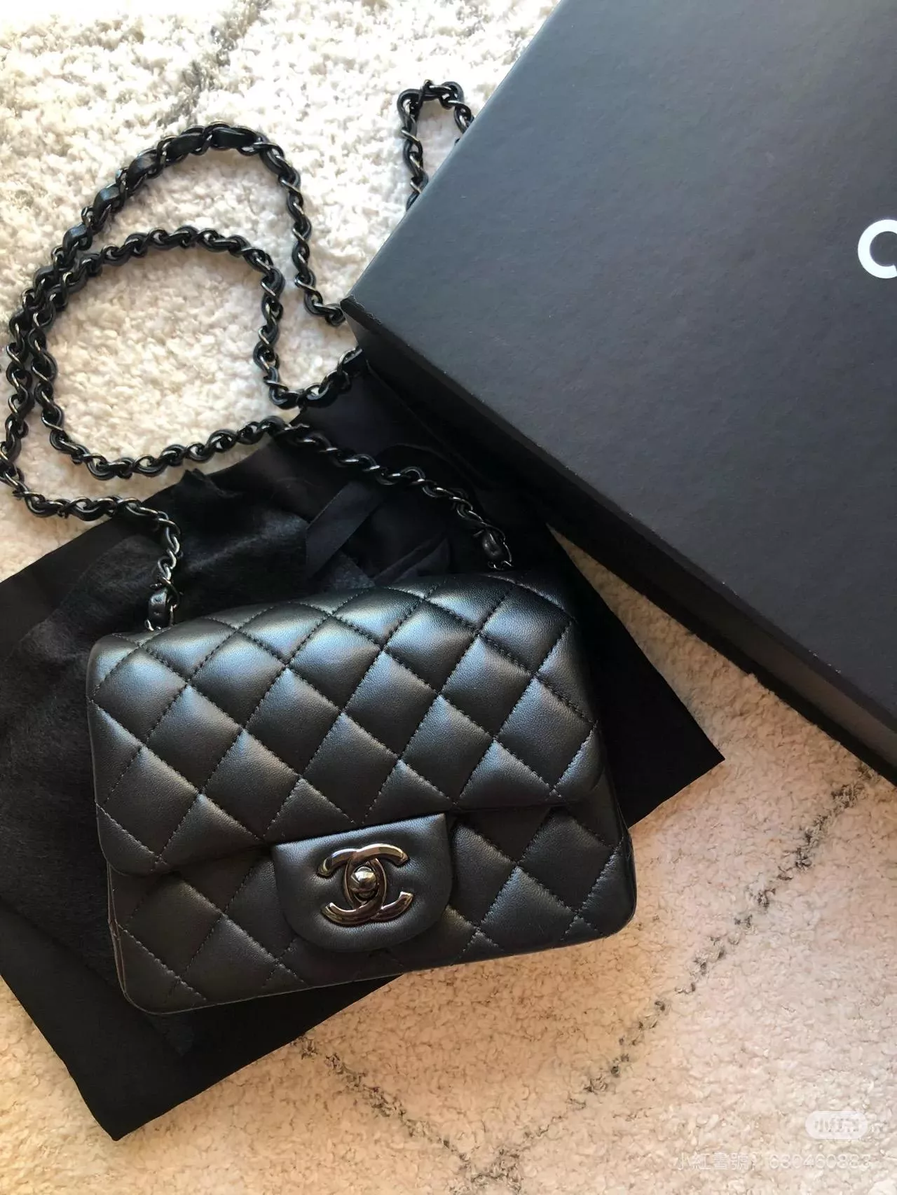 CHANEL All black 全黑羊皮 Classic Flap mini 方胖子 CF 口蓋包 17cm