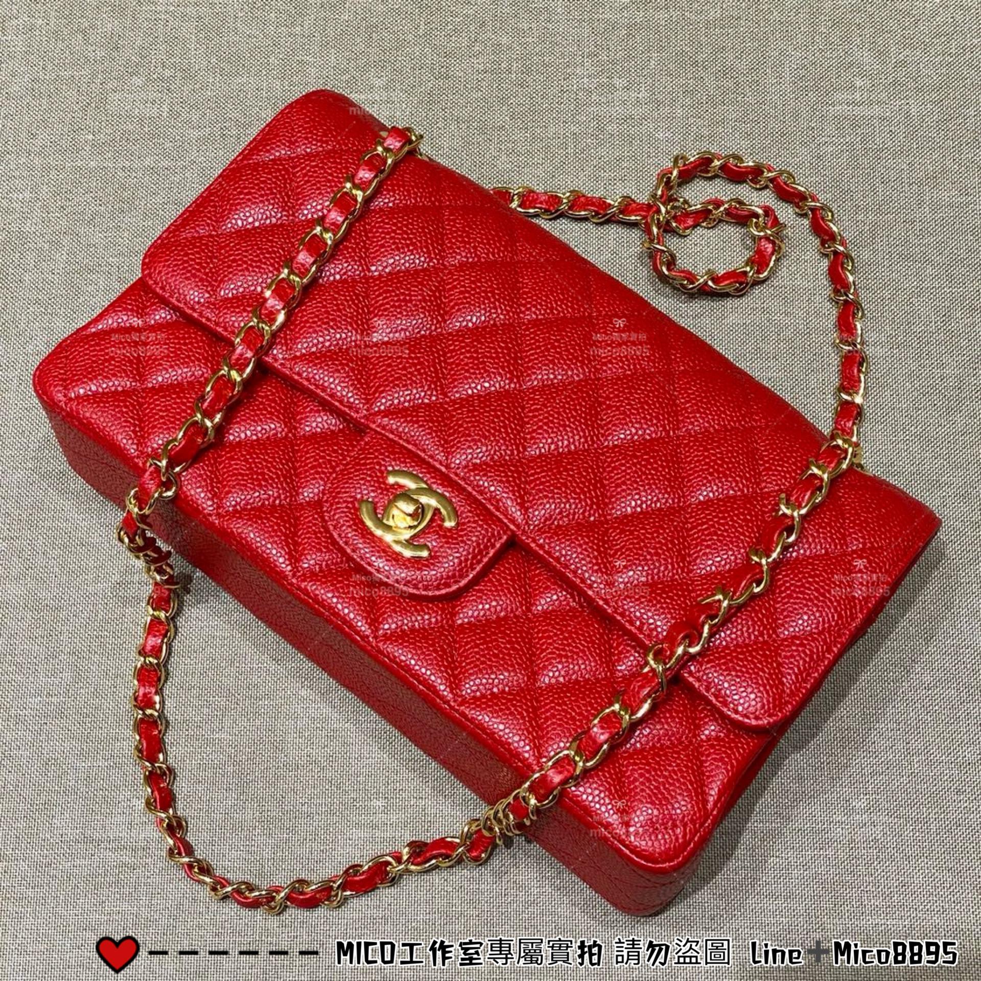 CHANEL 國旗紅 荔枝皮/牛皮/真皮/金釦 Classic Flap Medium中號  CF 口蓋包 25cm