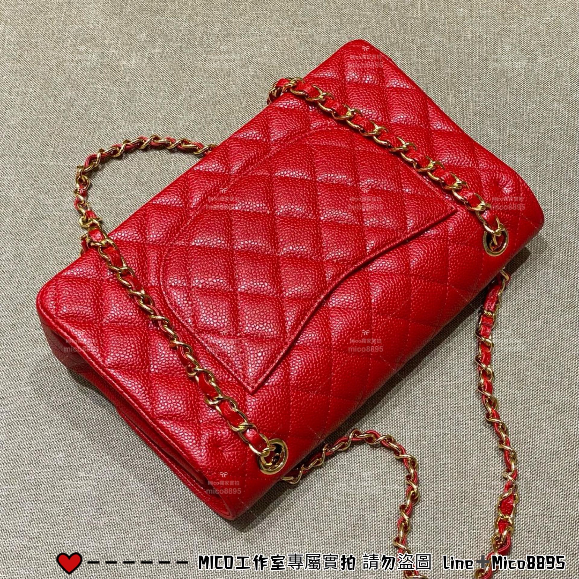 CHANEL 國旗紅 荔枝皮/牛皮/真皮/金釦 Classic Flap Medium中號  CF 口蓋包 25cm