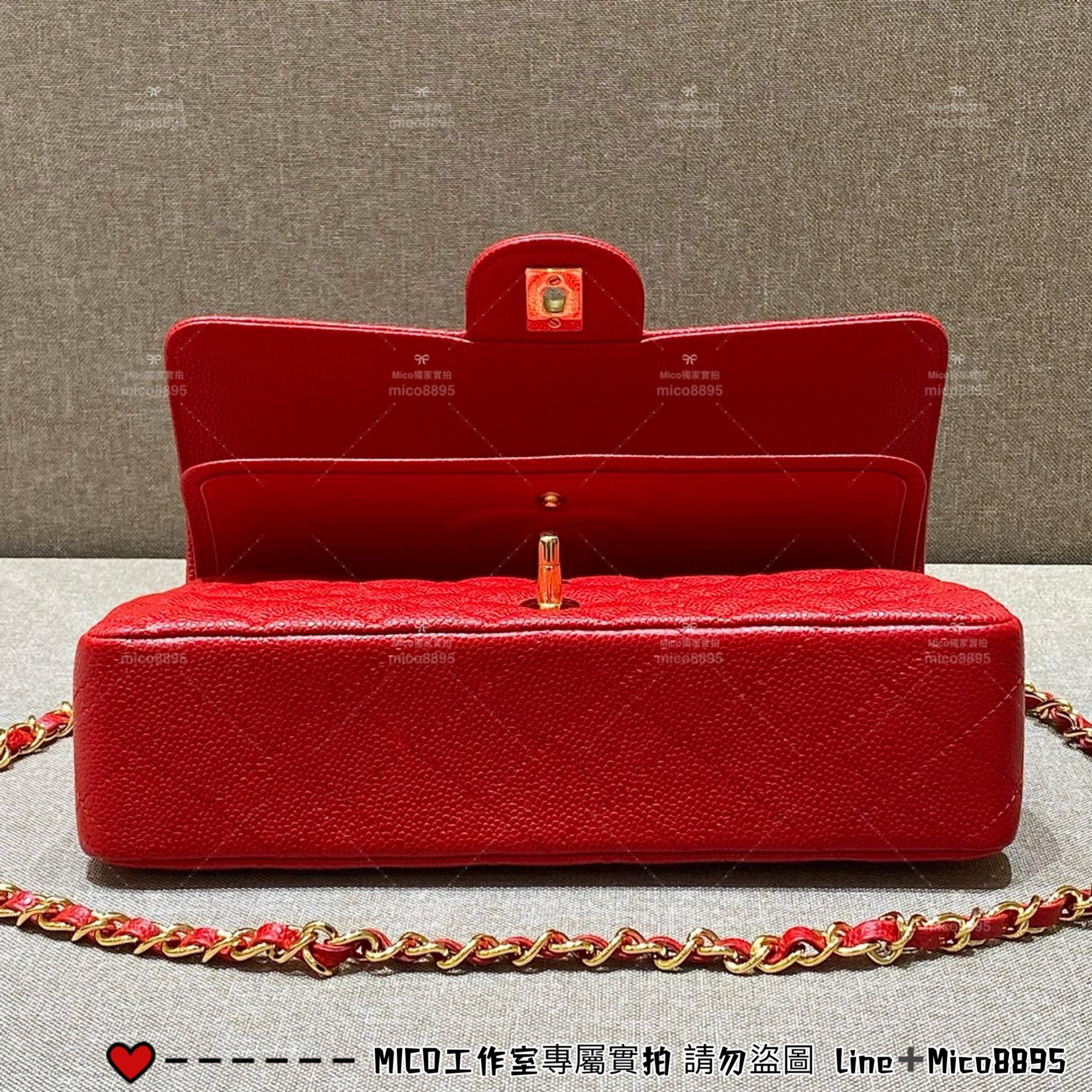 CHANEL 國旗紅 荔枝皮/牛皮/真皮/金釦 Classic Flap Medium中號  CF 口蓋包 25cm