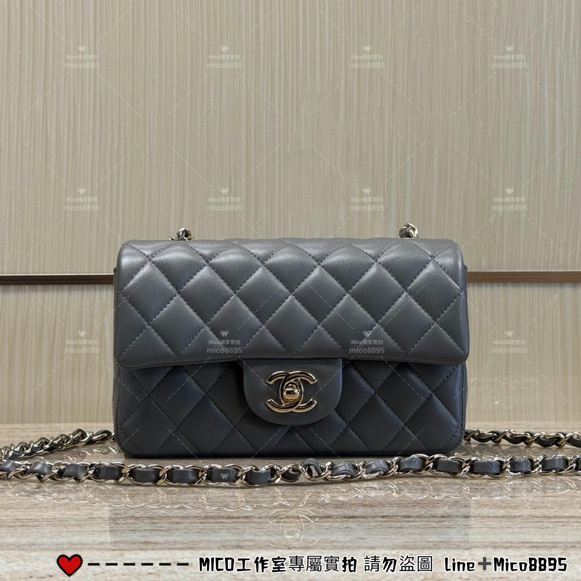 CHANEL 22A 深灰色 小羊皮/真皮/金釦 Classic Flap 大mini CF 口蓋包 20cm