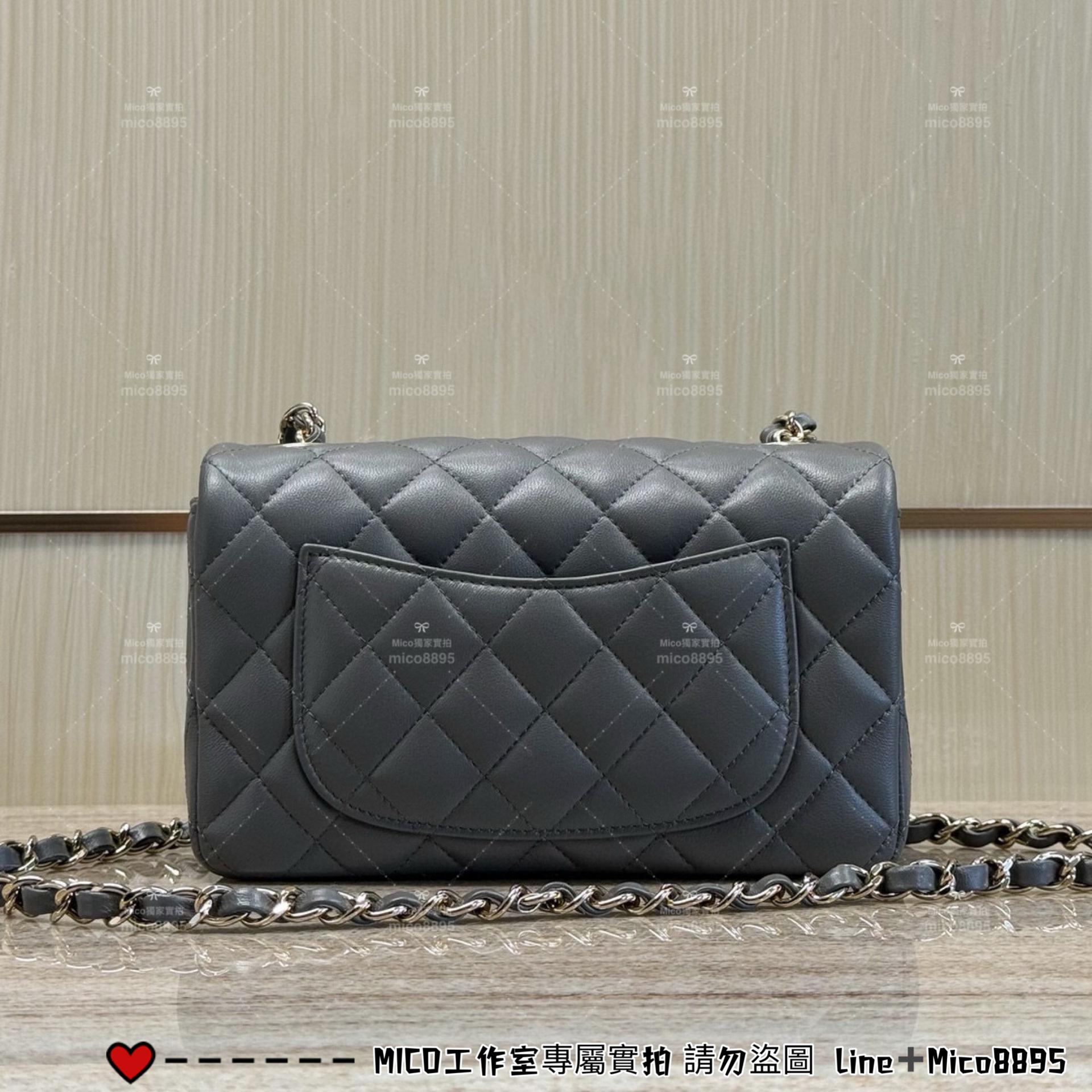 CHANEL 22A 深灰色 小羊皮/真皮/金釦 Classic Flap 大mini CF 口蓋包 20cm