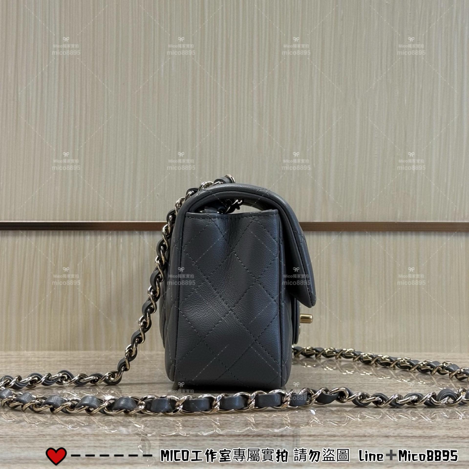 CHANEL 22A 深灰色 小羊皮/真皮/金釦 Classic Flap 大mini CF 口蓋包 20cm