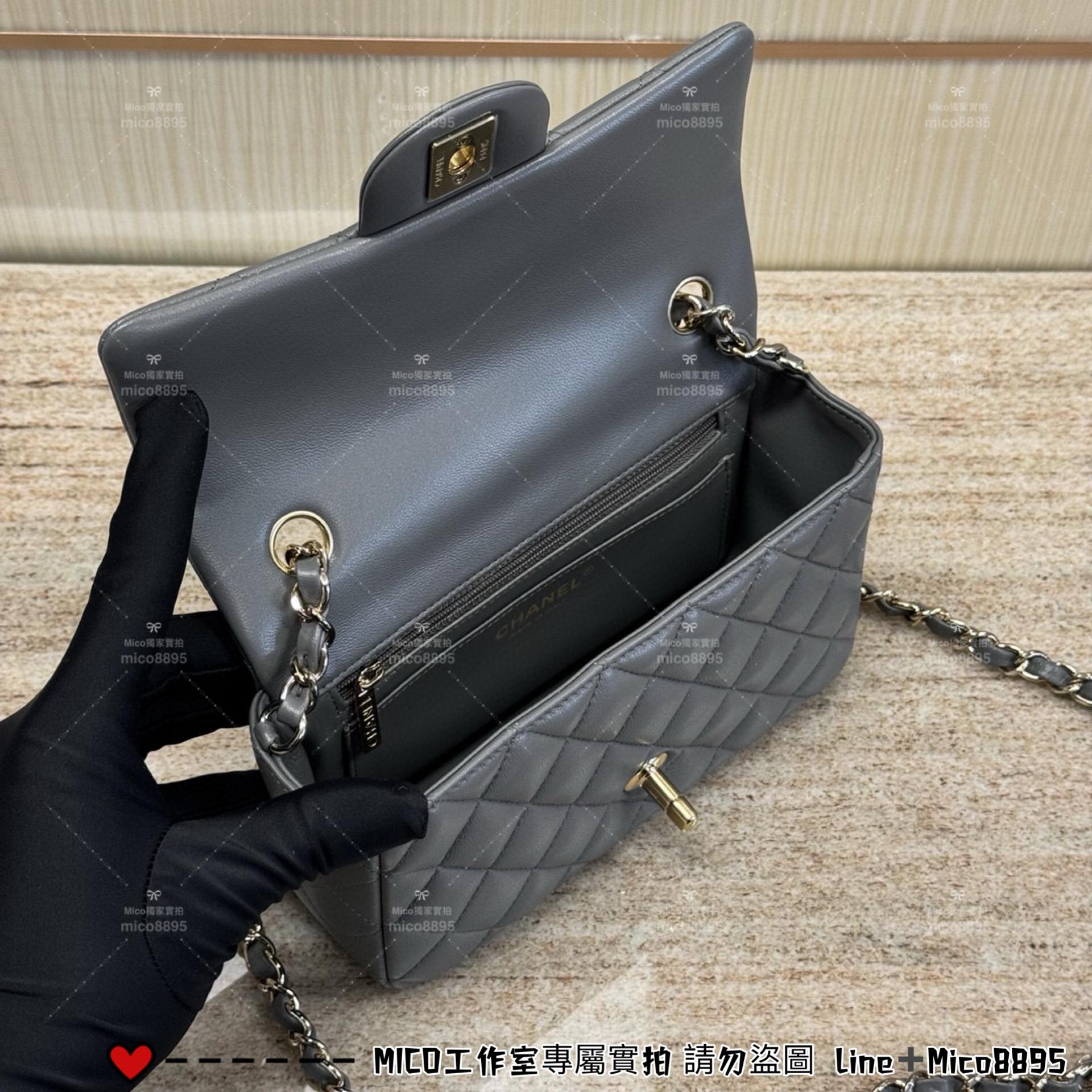 CHANEL 22A 深灰色 小羊皮/真皮/金釦 Classic Flap 大mini CF 口蓋包 20cm