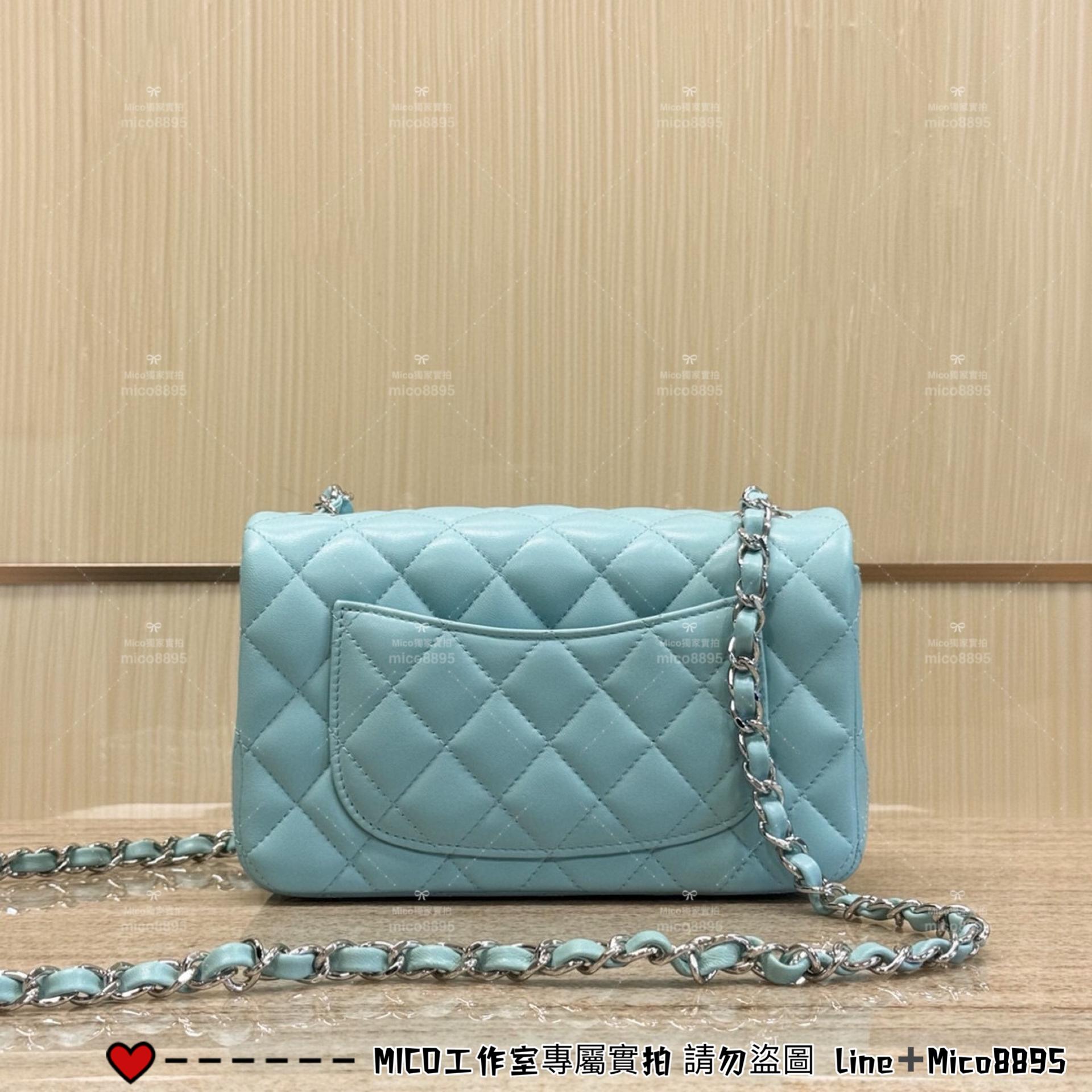 CHANEL 蒂芙尼藍 小羊皮/真皮/金釦 Classic Flap 大mini CF 口蓋包 20cm