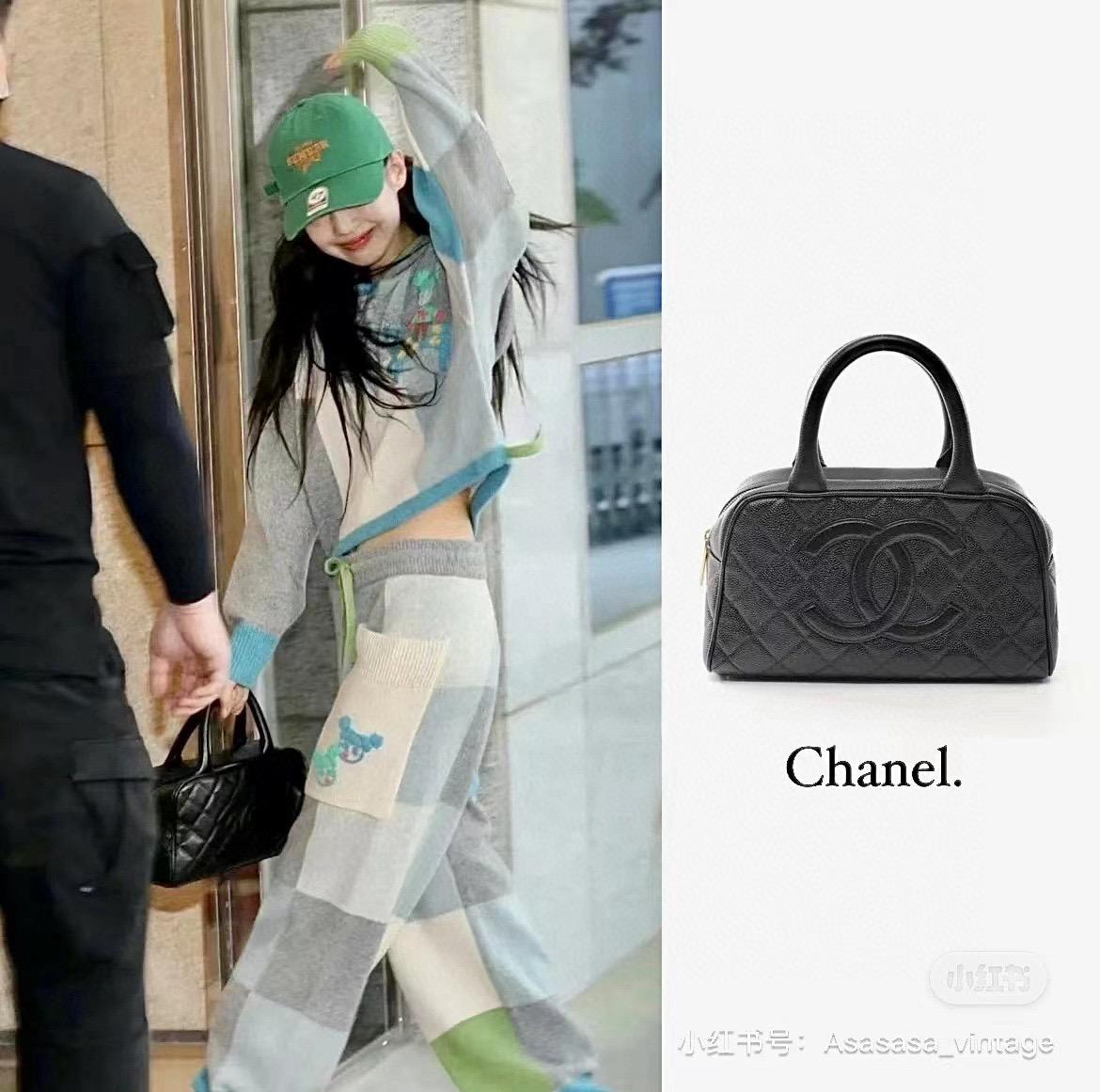 CHANEL Jennie同款中古保齡球包 黑色荔枝牛皮 保齡球包 27cm