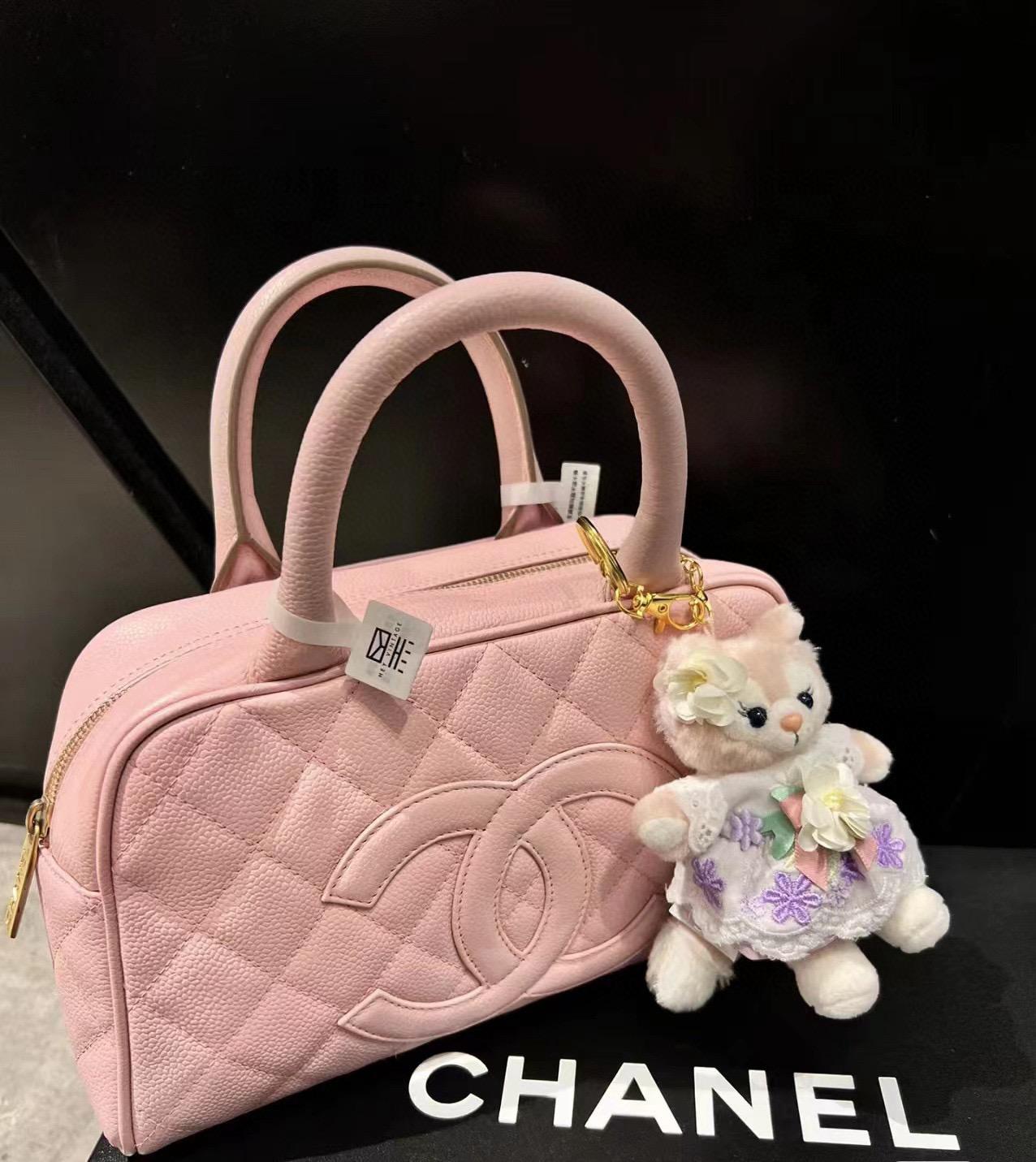 CHANEL Jennie同款中古保齡球包 櫻花粉荔枝牛皮 保齡球包 27cm