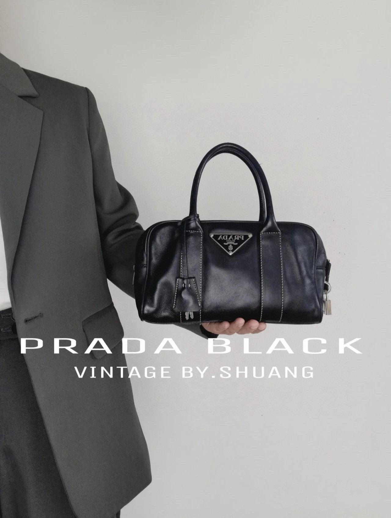 PRADA 全真皮 黑色 復古保齡球包 波士頓包 手提包 醫生包 24cm