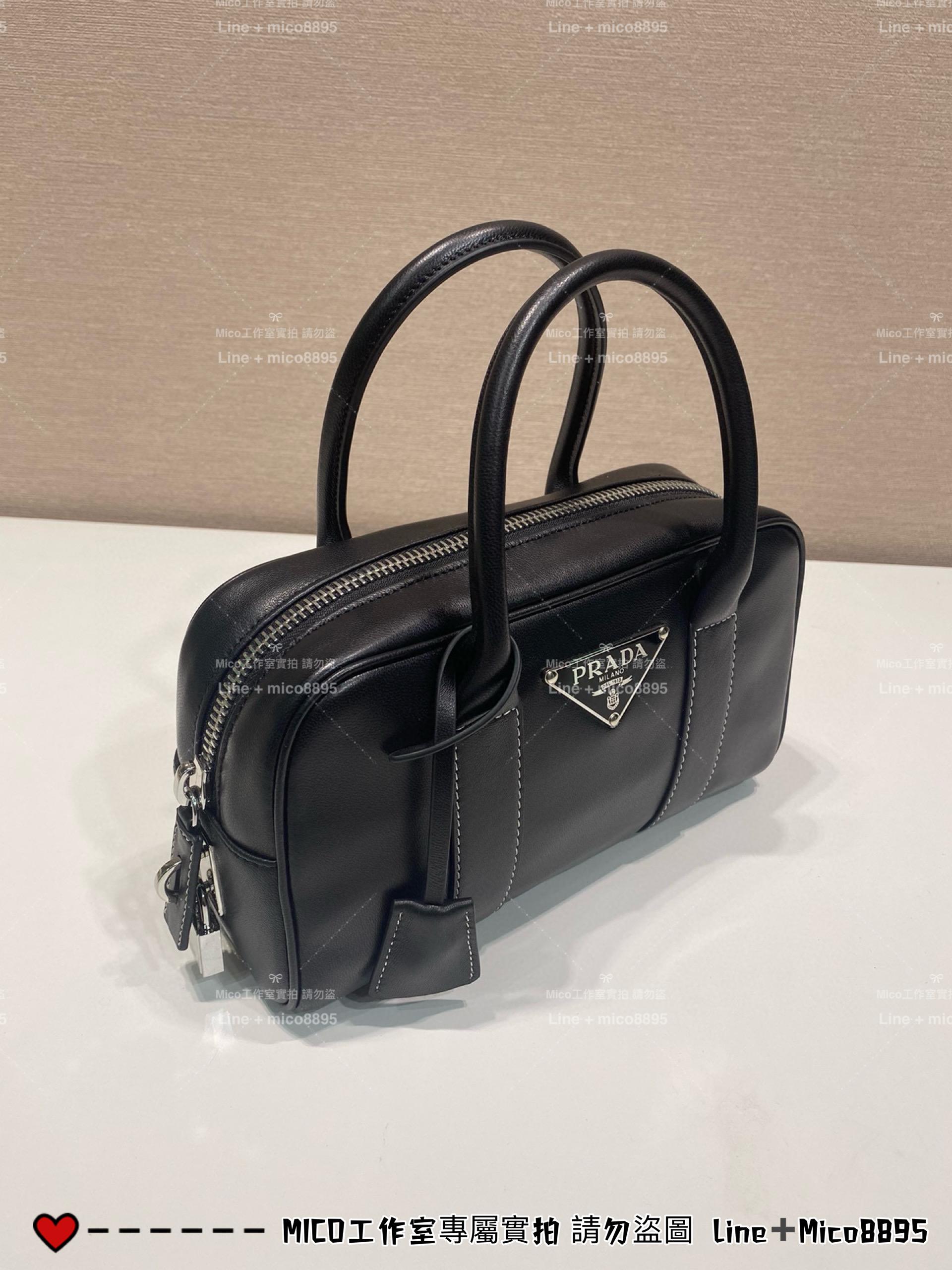 PRADA 全真皮 黑色 復古保齡球包 波士頓包 手提包 醫生包 24cm