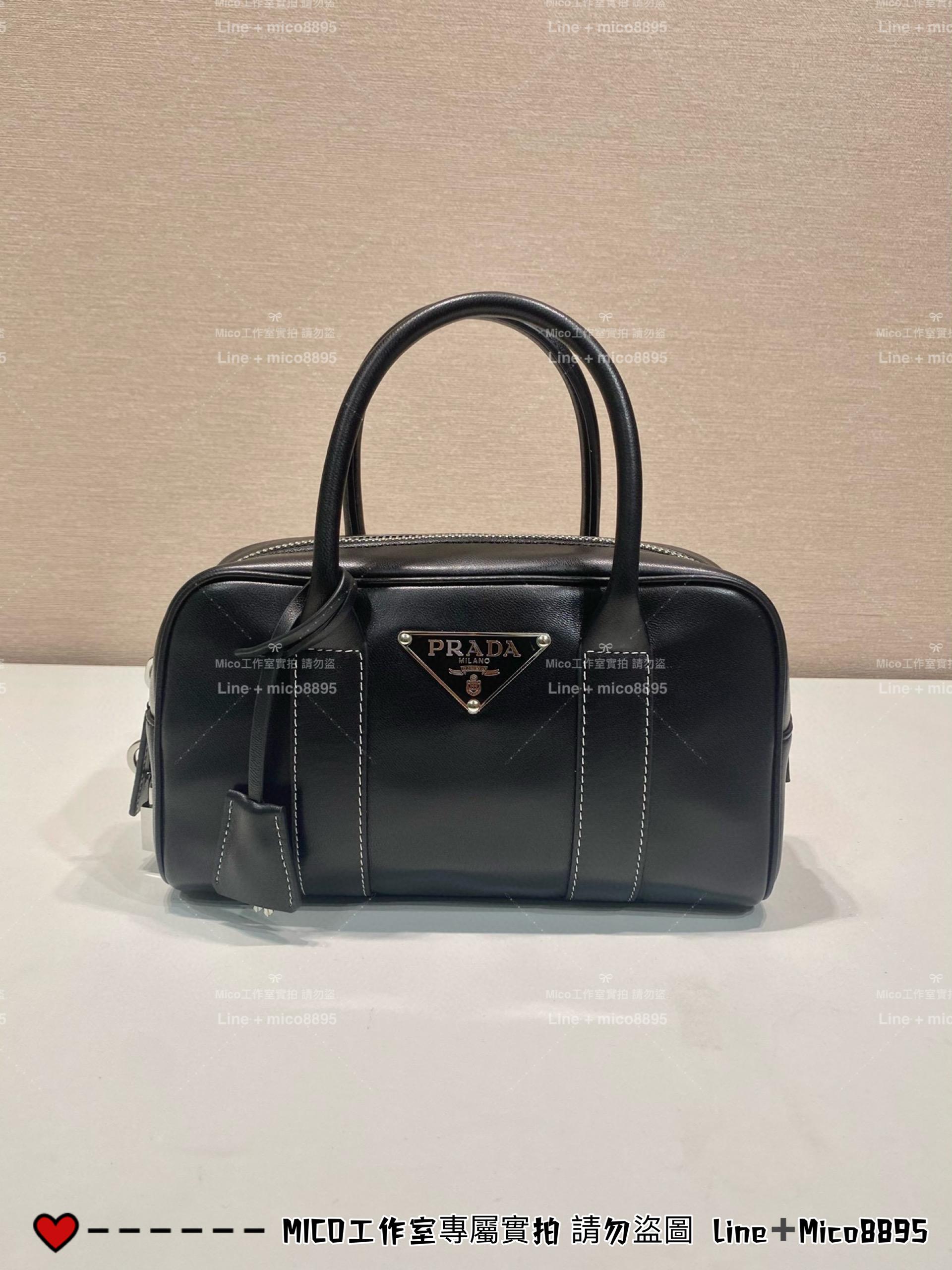 PRADA 全真皮 黑色 復古保齡球包 波士頓包 手提包 醫生包 24cm