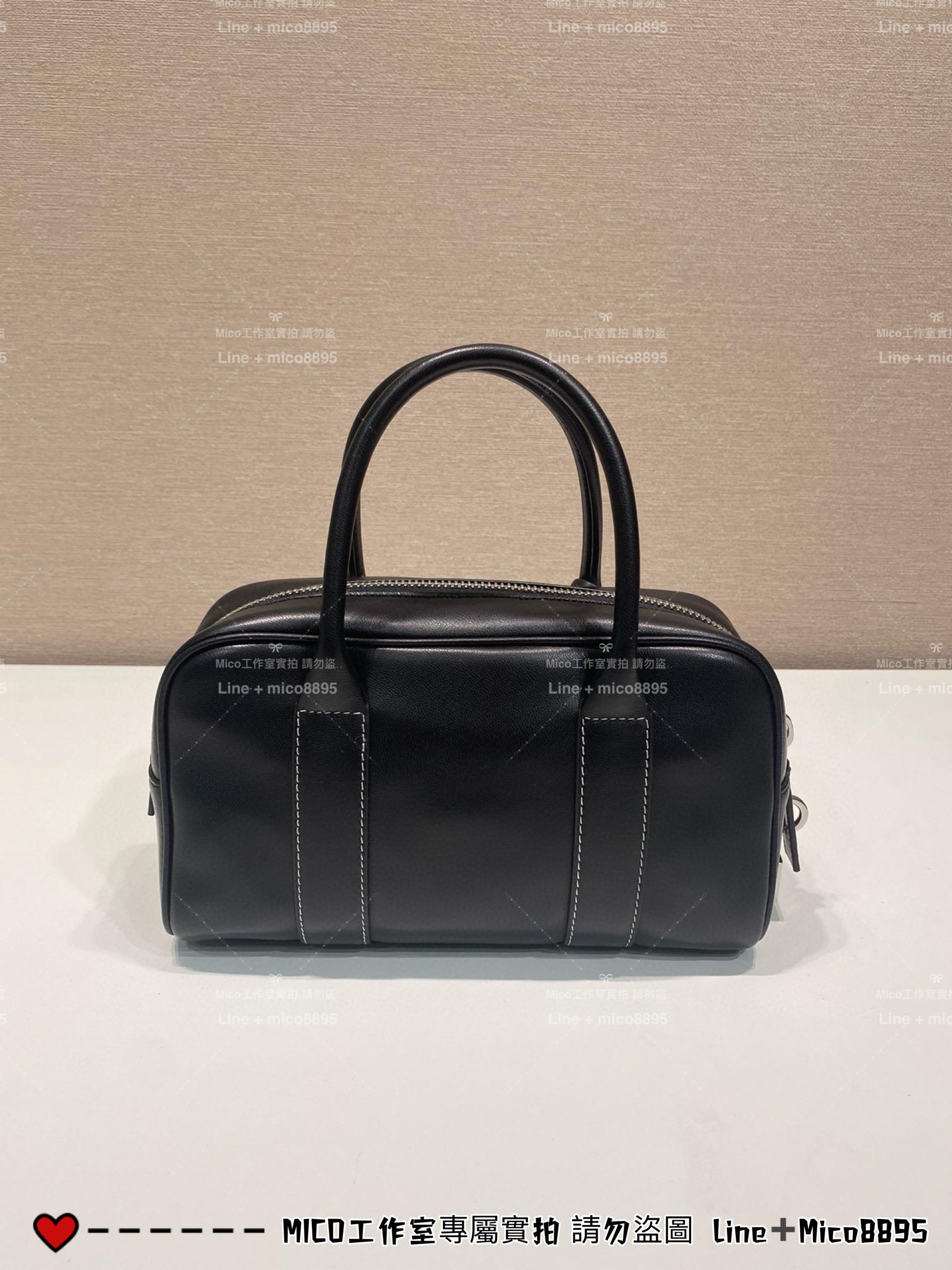 PRADA 全真皮 黑色 復古保齡球包 波士頓包 手提包 醫生包 24cm