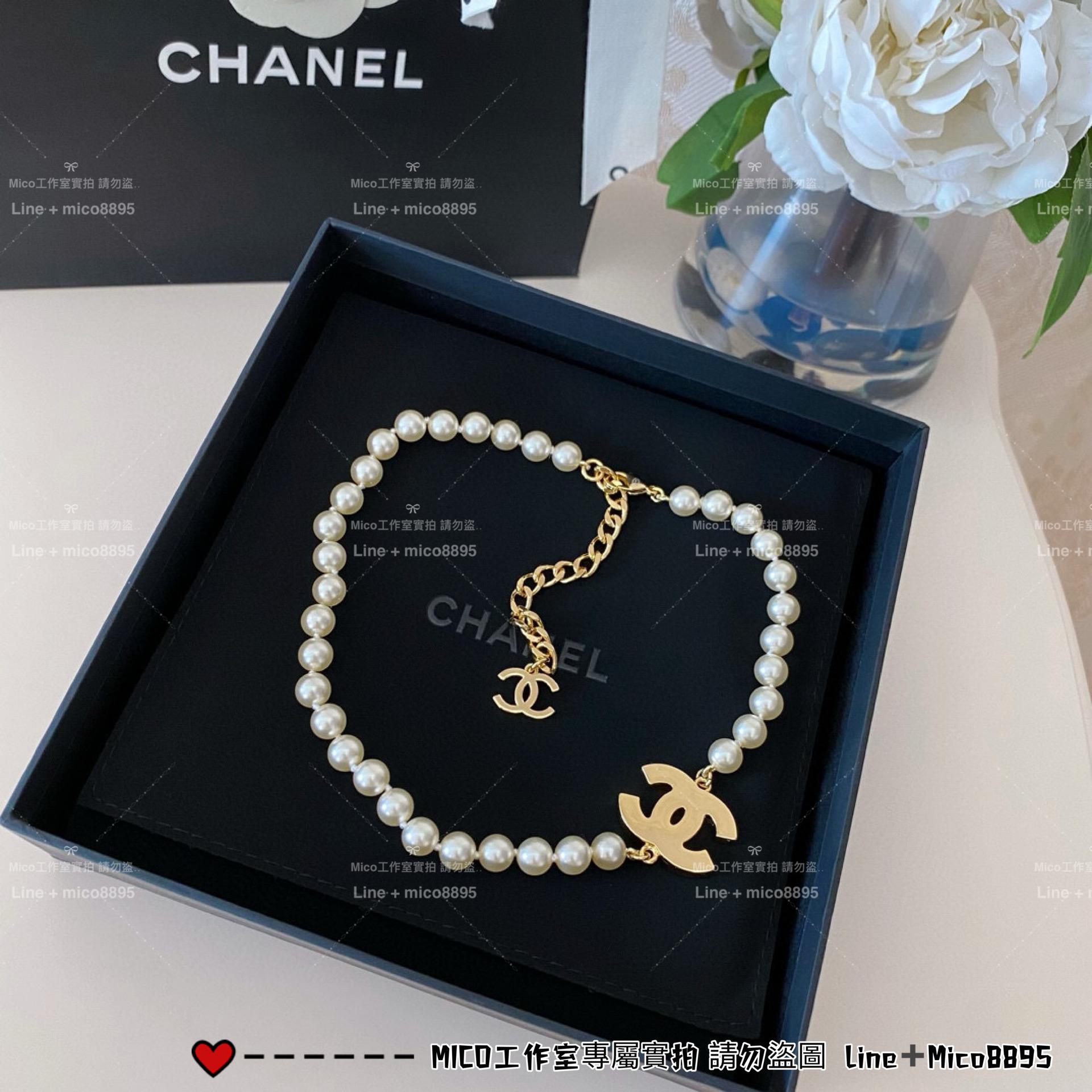 Chanel 24B 黑色琺瑯雙c珍珠項鍊 choker