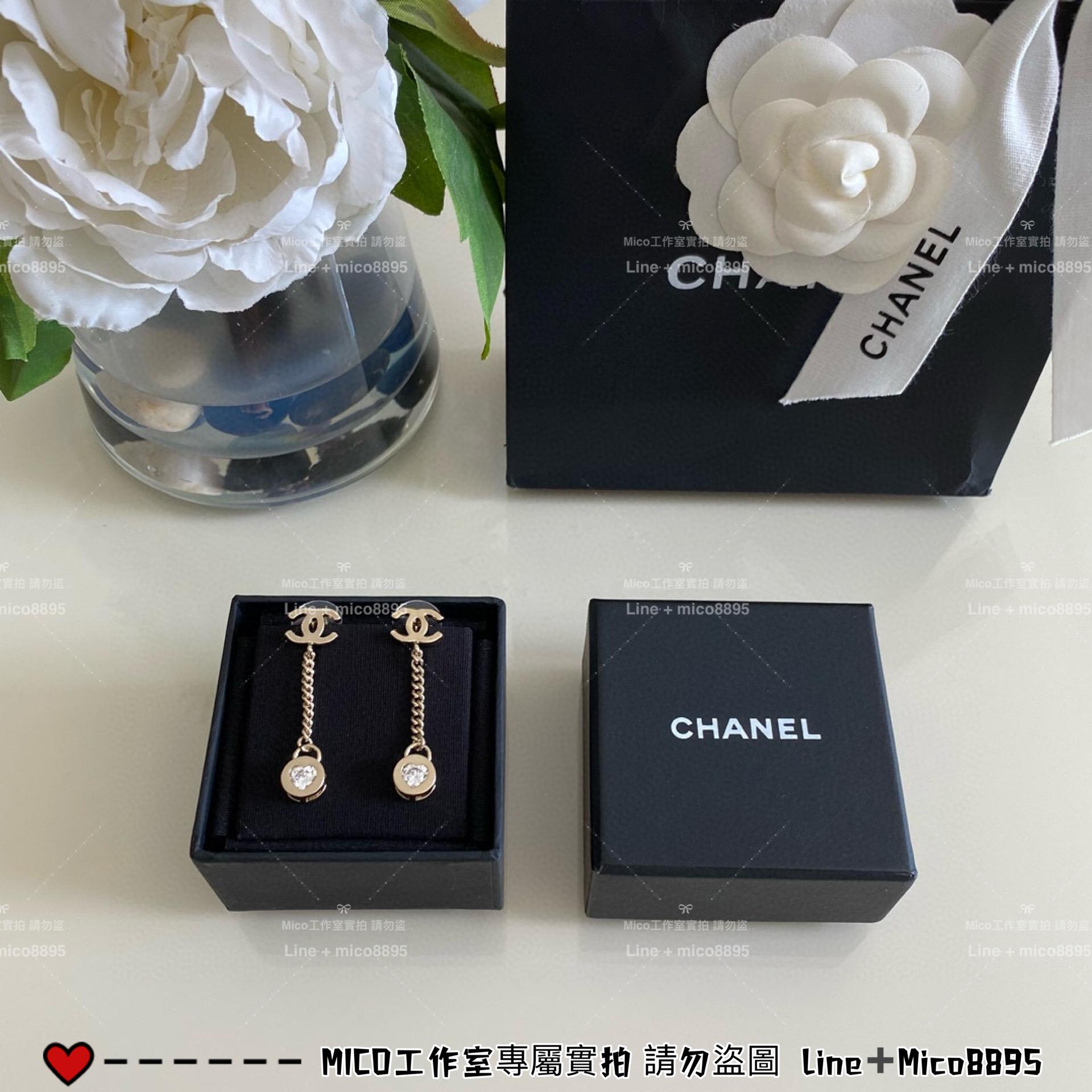 CHANEL 24B 愛心水鑽小金豆垂墜式耳環 流蘇耳環