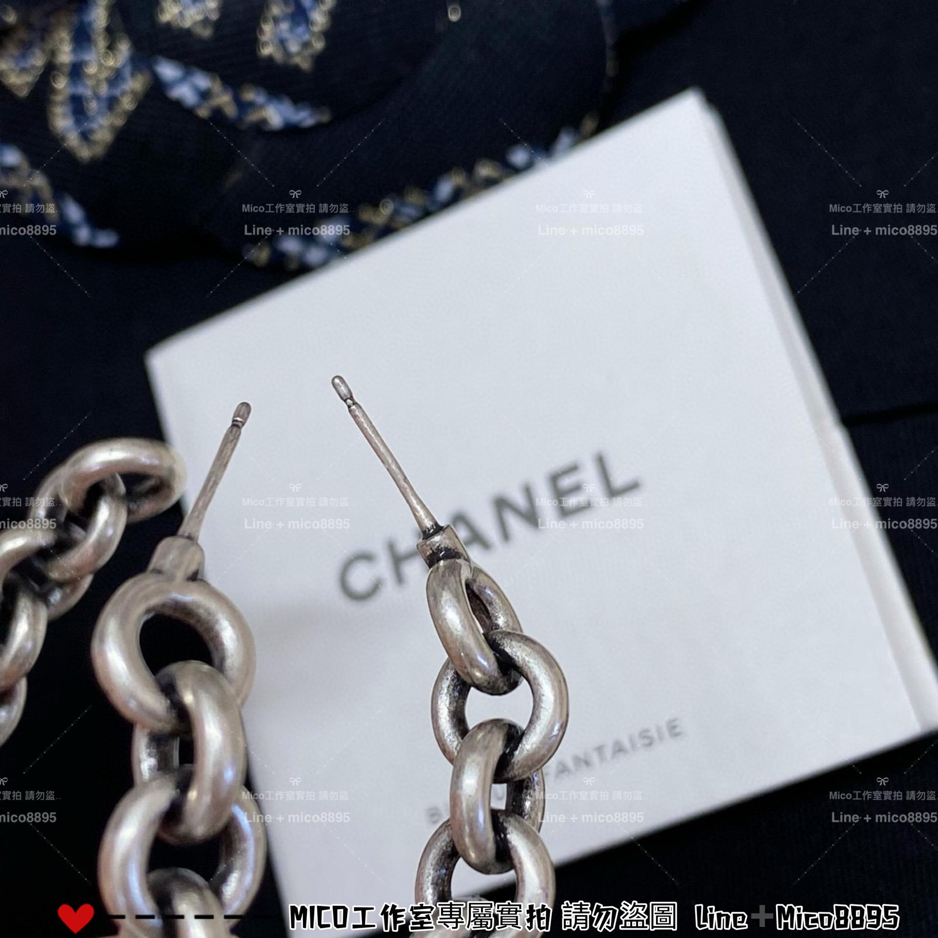 CHANEL 槍黑色鏈條水鑽雙C耳環 大圓圈耳環