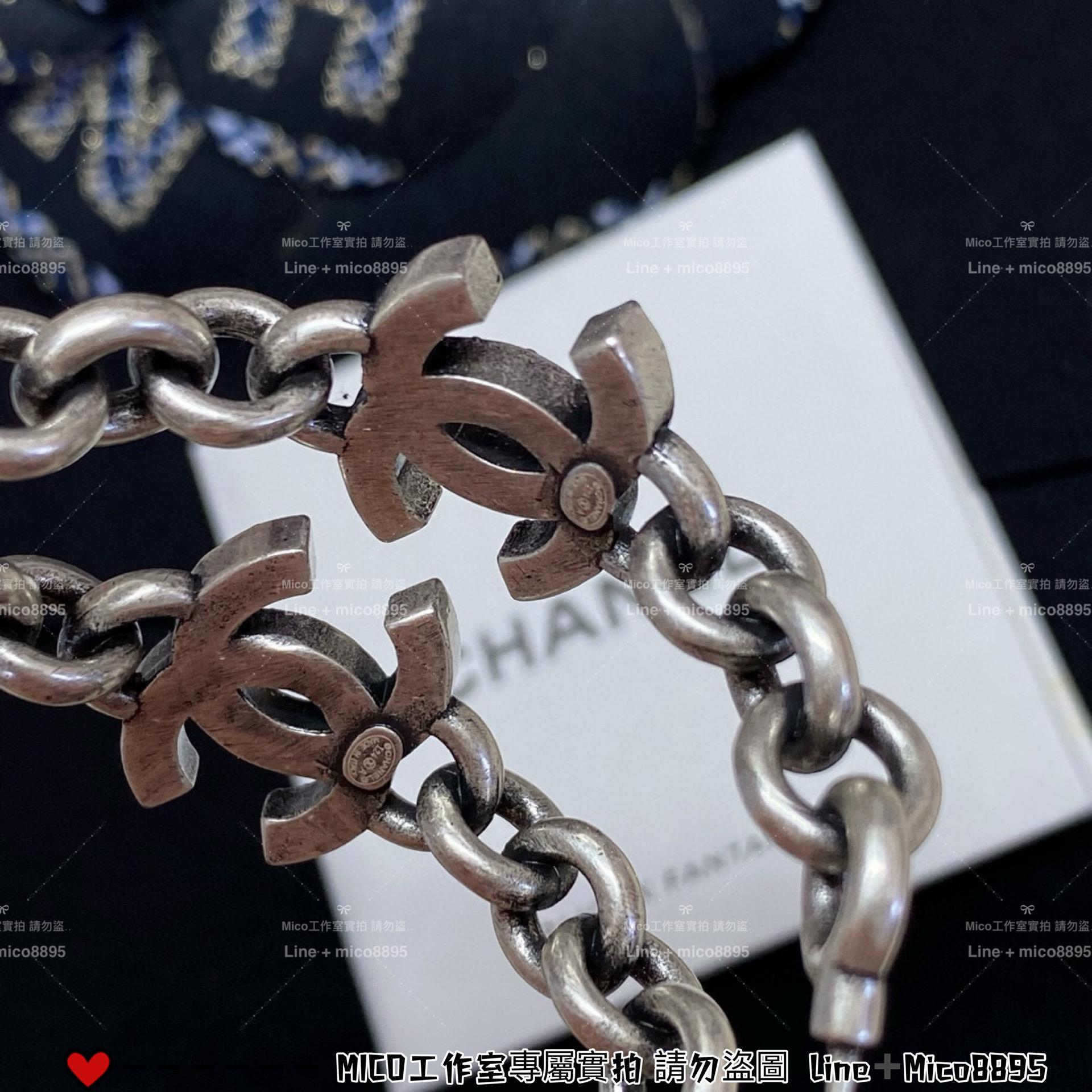 CHANEL 槍黑色鏈條水鑽雙C耳環 大圓圈耳環