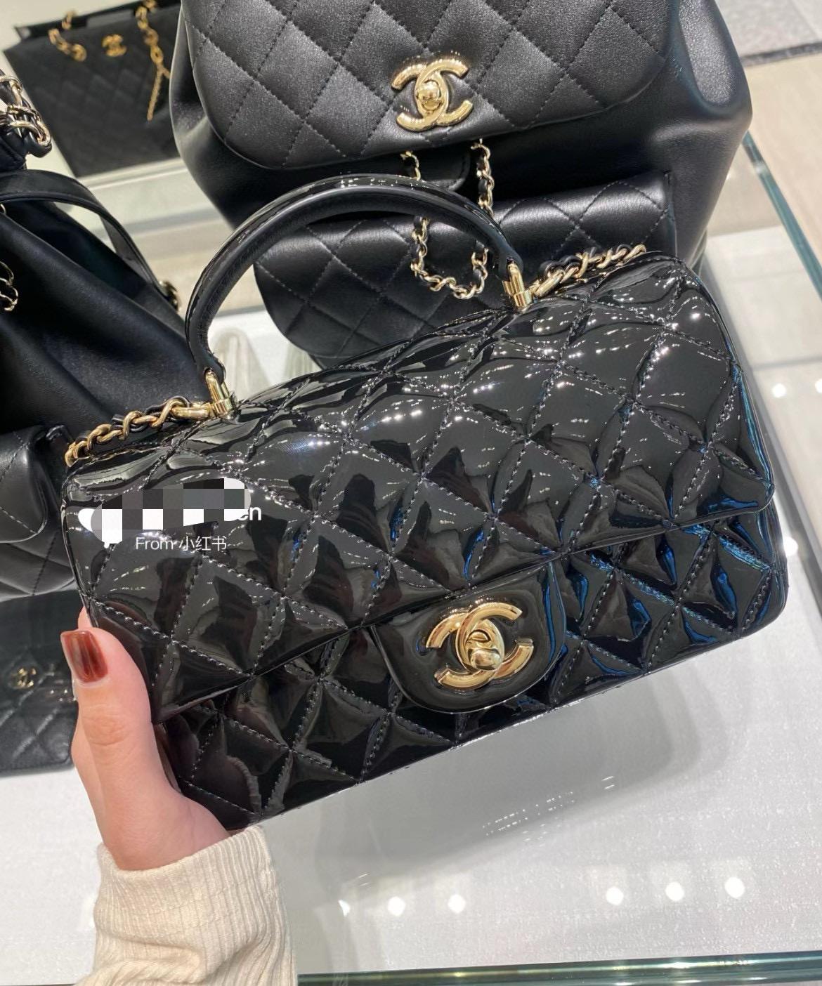 CHANEL｜24K CF Mini手提 漆皮 黑色 鏈條包 20cm