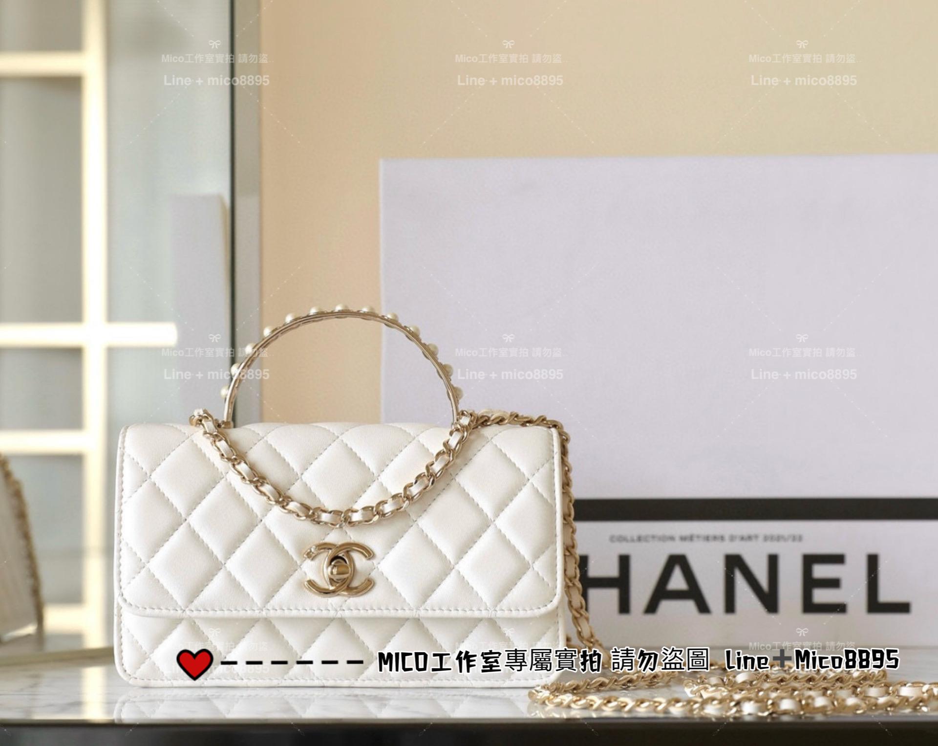 CHANEL｜24SS 黑色/白色 小羊皮菱格珍珠手提風琴包 19cm