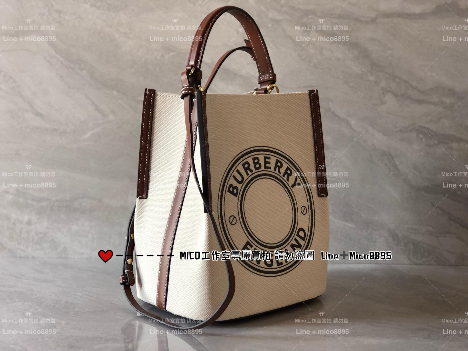 Burberry 帆布系列 棕色牛皮拼帆布水桶包 手提包 斜挎包 23cm （不含吊飾）