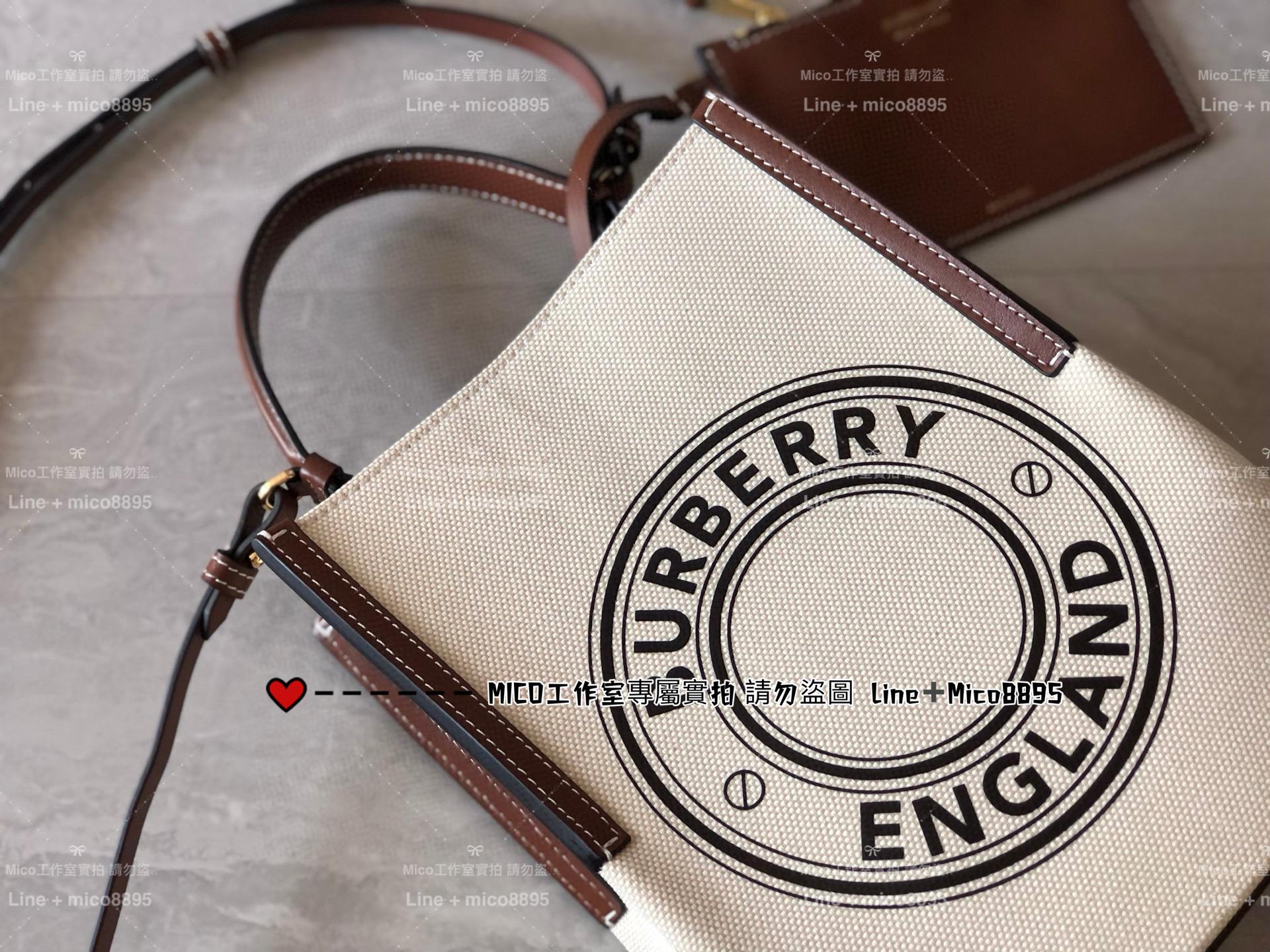 Burberry 帆布系列 棕色牛皮拼帆布水桶包 手提包 斜挎包 23cm （不含吊飾）