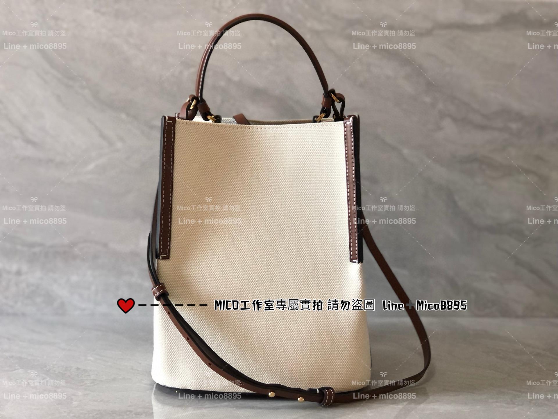 Burberry 帆布系列 棕色牛皮拼帆布水桶包 手提包 斜挎包 23cm （不含吊飾）