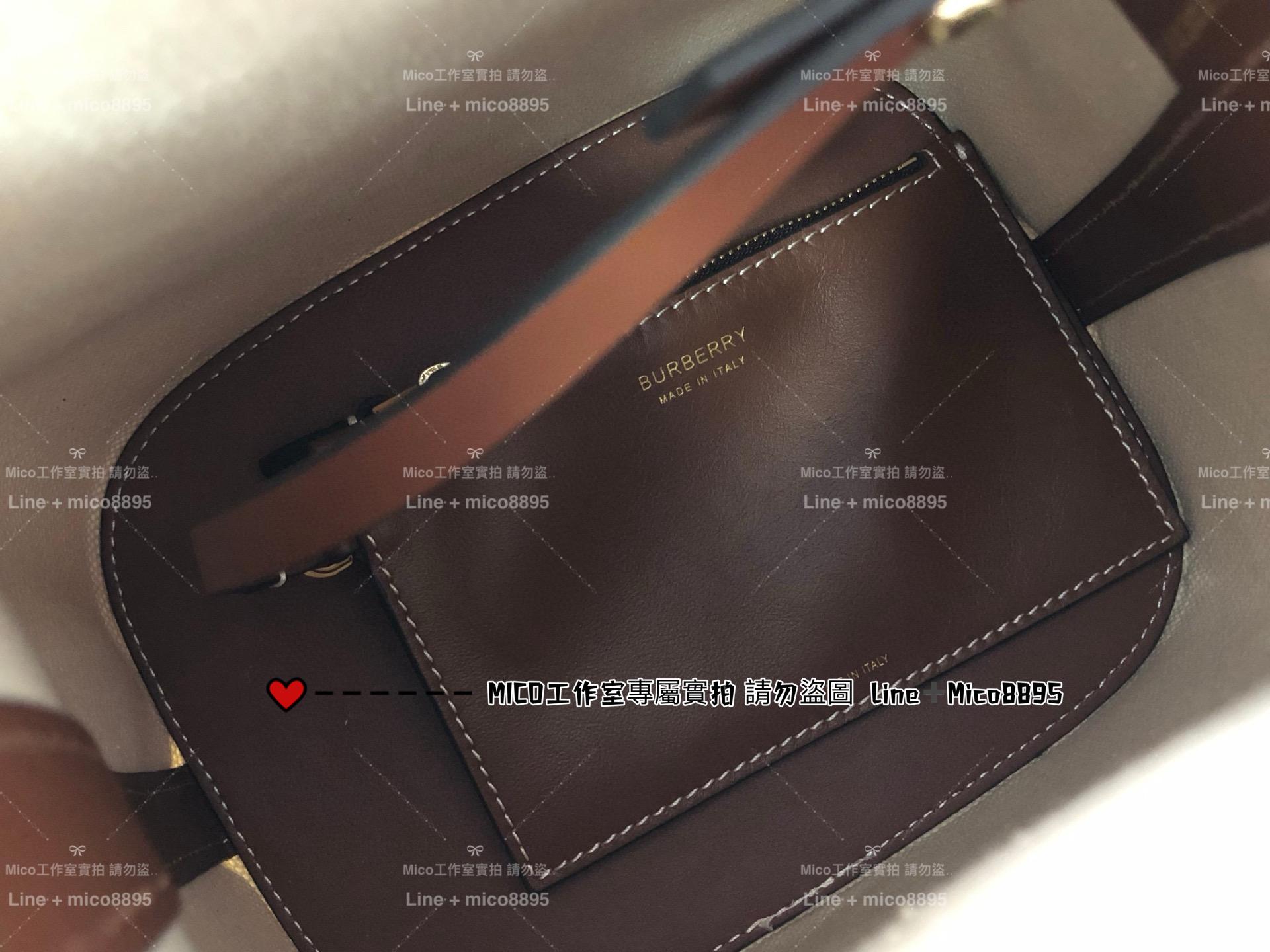 Burberry 帆布系列 棕色牛皮拼帆布水桶包 手提包 斜挎包 23cm （不含吊飾）