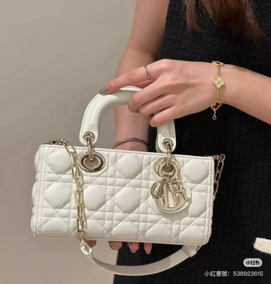 DIOR 白色羊皮/中號 淡金釦 D-JOY 橫版黛妃包 手提肩背包 26cm