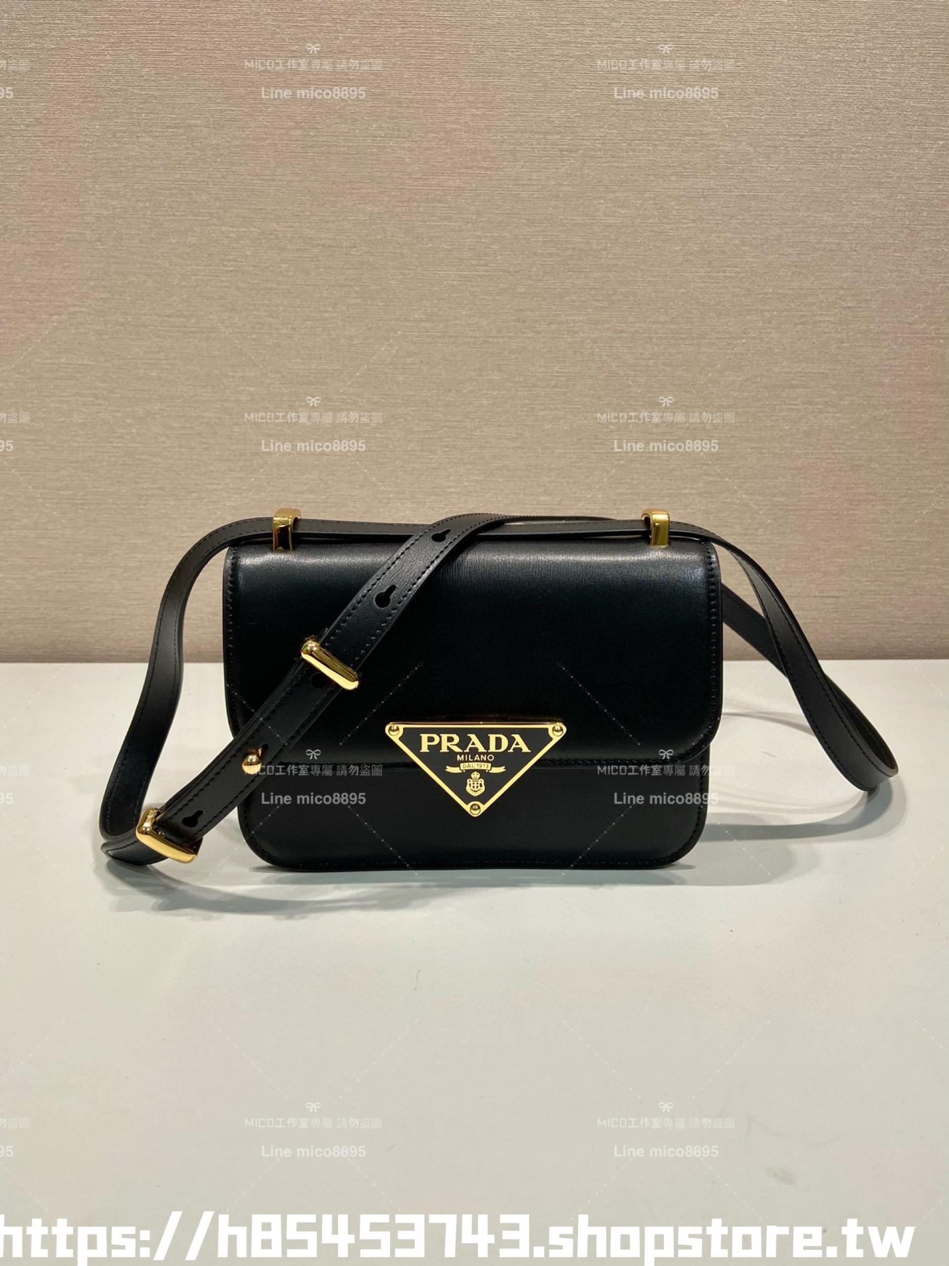 PRADA 普拉達 黑色/綠色 牛皮皮革肩背包 郵差包 20cm