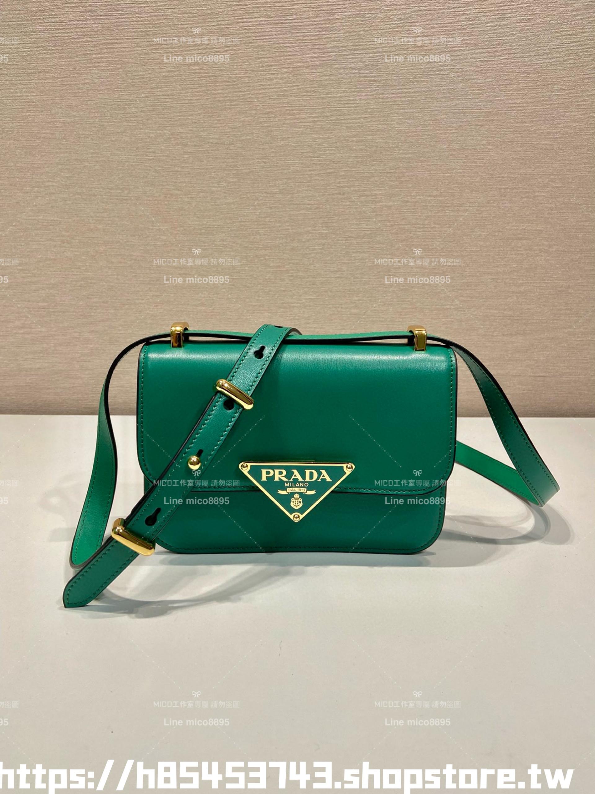 PRADA 普拉達 黑色/綠色 牛皮皮革肩背包 郵差包 20cm