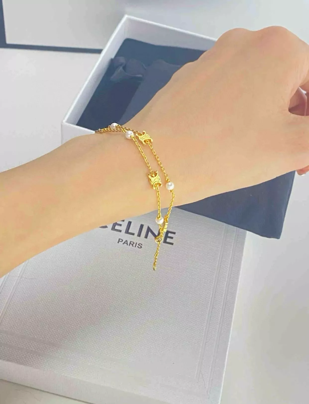 Celine 極簡款 凱旋門拼接珍珠雙層手鏈