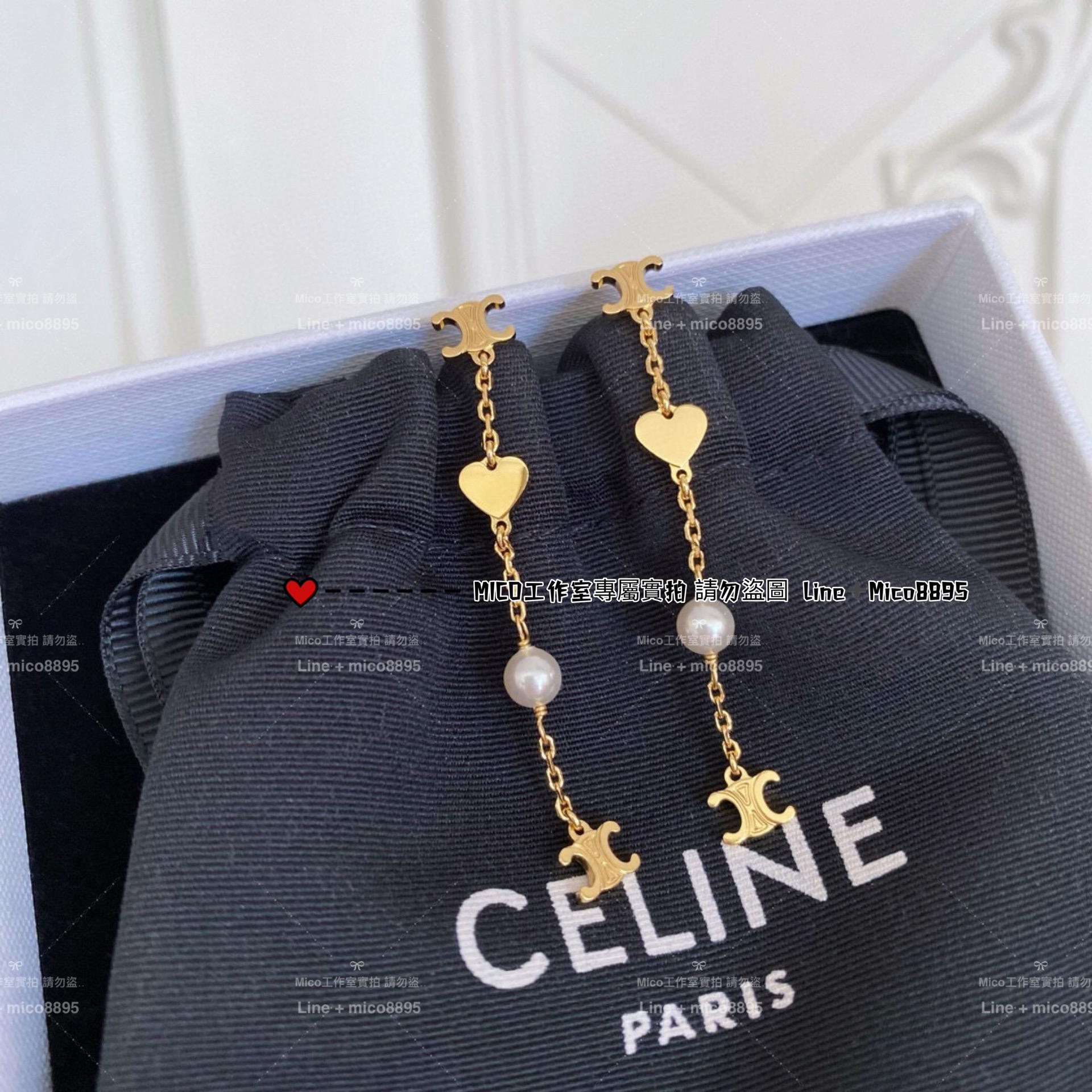 Celine 凱旋門愛心拼接珍珠垂墜式耳環