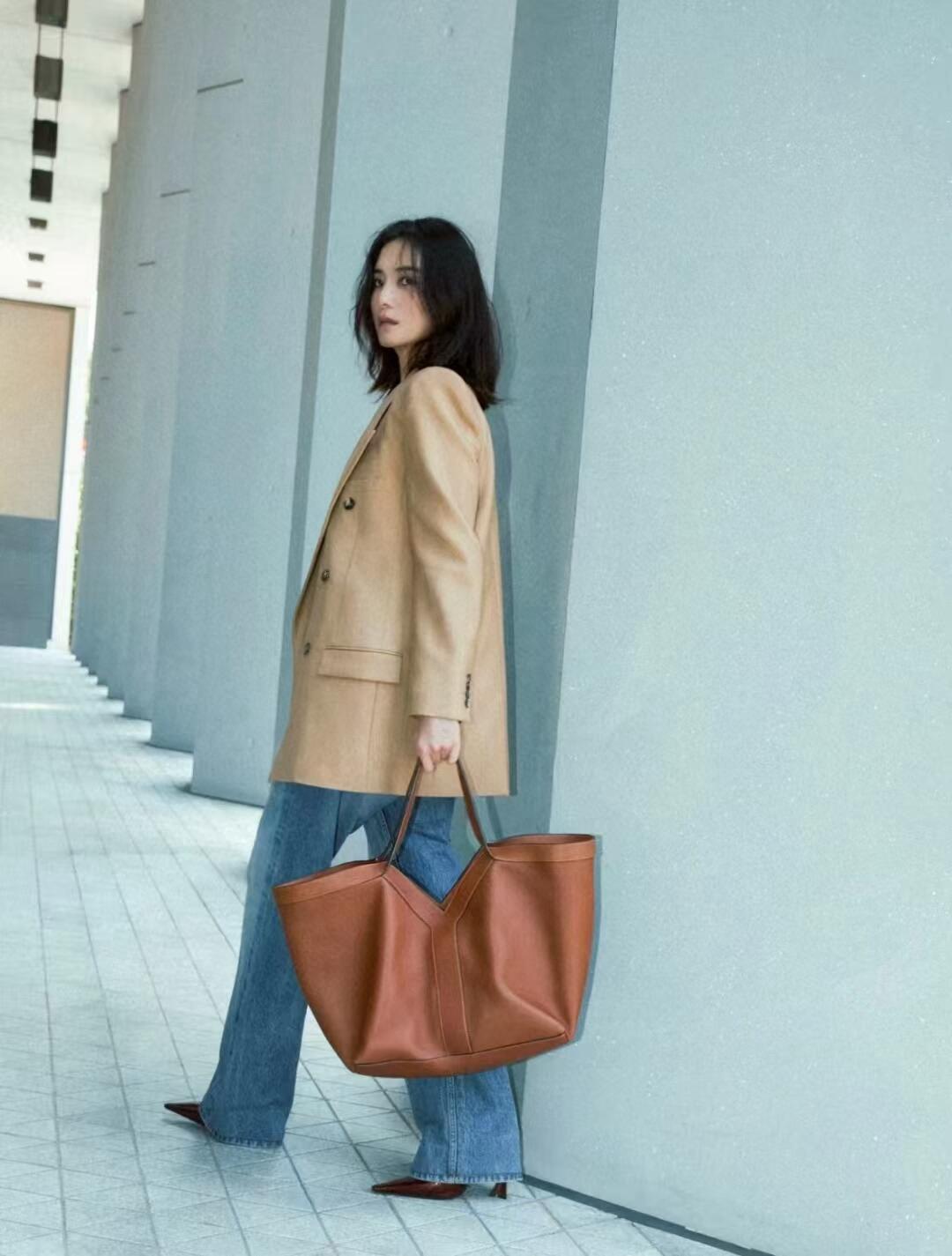 YSL 聖羅蘭 通勤好用 黑色/焦糖色 Y字型缺口造型購物袋 WHY TOTE 37cm