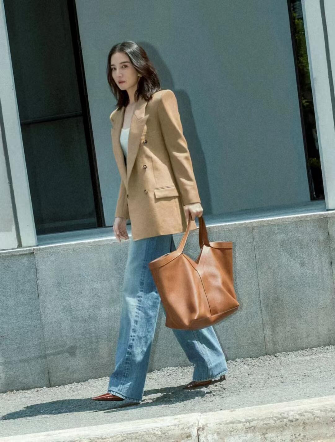 YSL 聖羅蘭 通勤好用 黑色/焦糖色 Y字型缺口造型購物袋 WHY TOTE 37cm