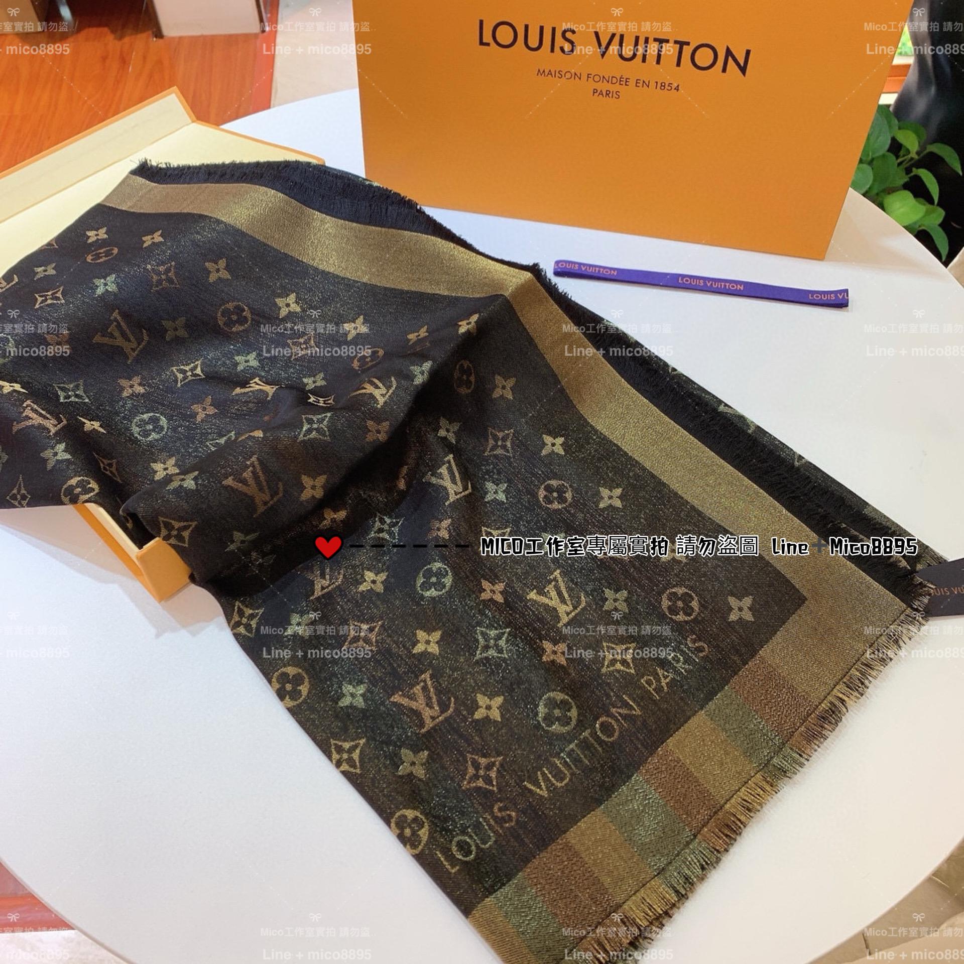 LV 黑色彩金 M71548 MONOGRAM 字母披肩 緹花織紋披肩 140*140