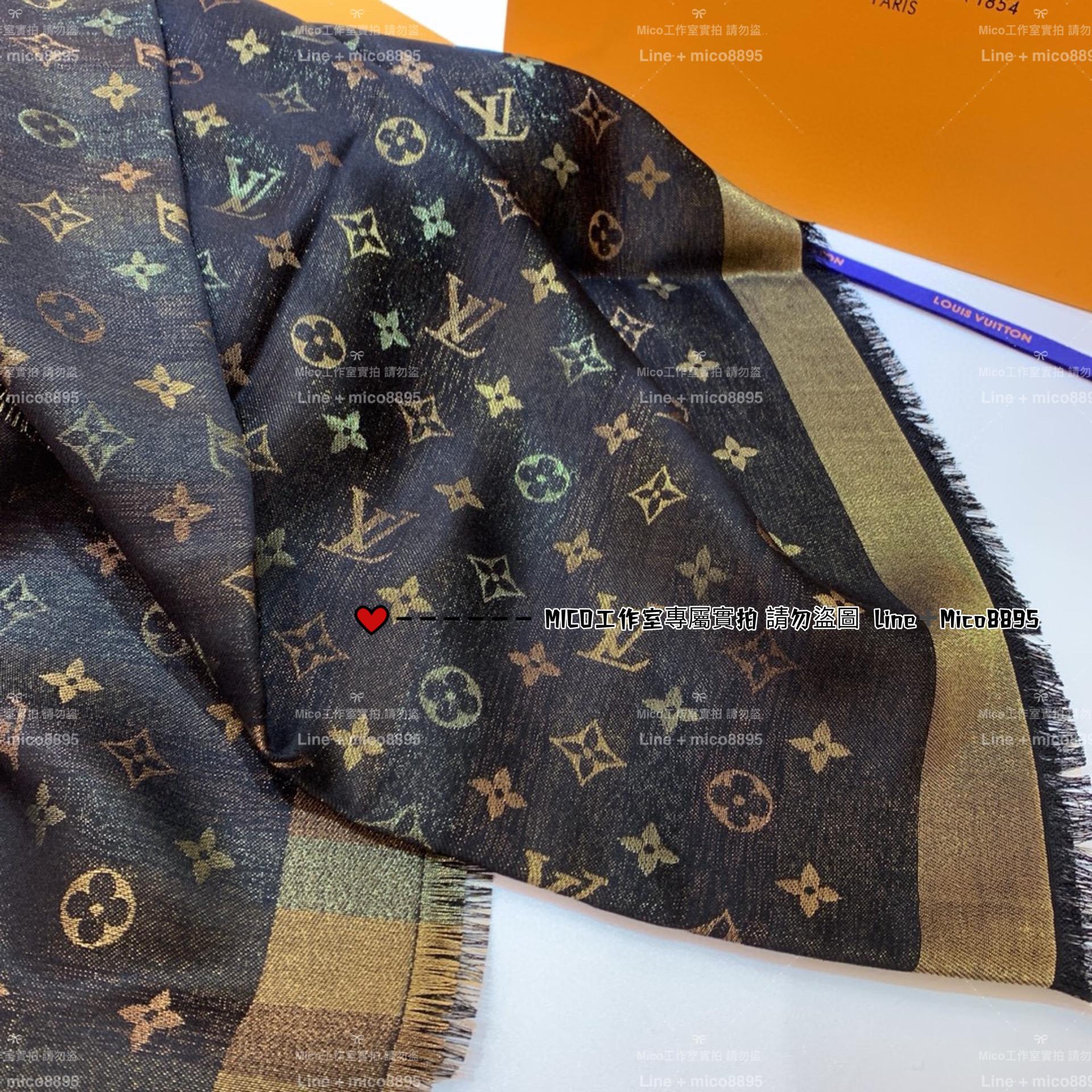 LV 黑色彩金 M71548 MONOGRAM 字母披肩 緹花織紋披肩 140*140