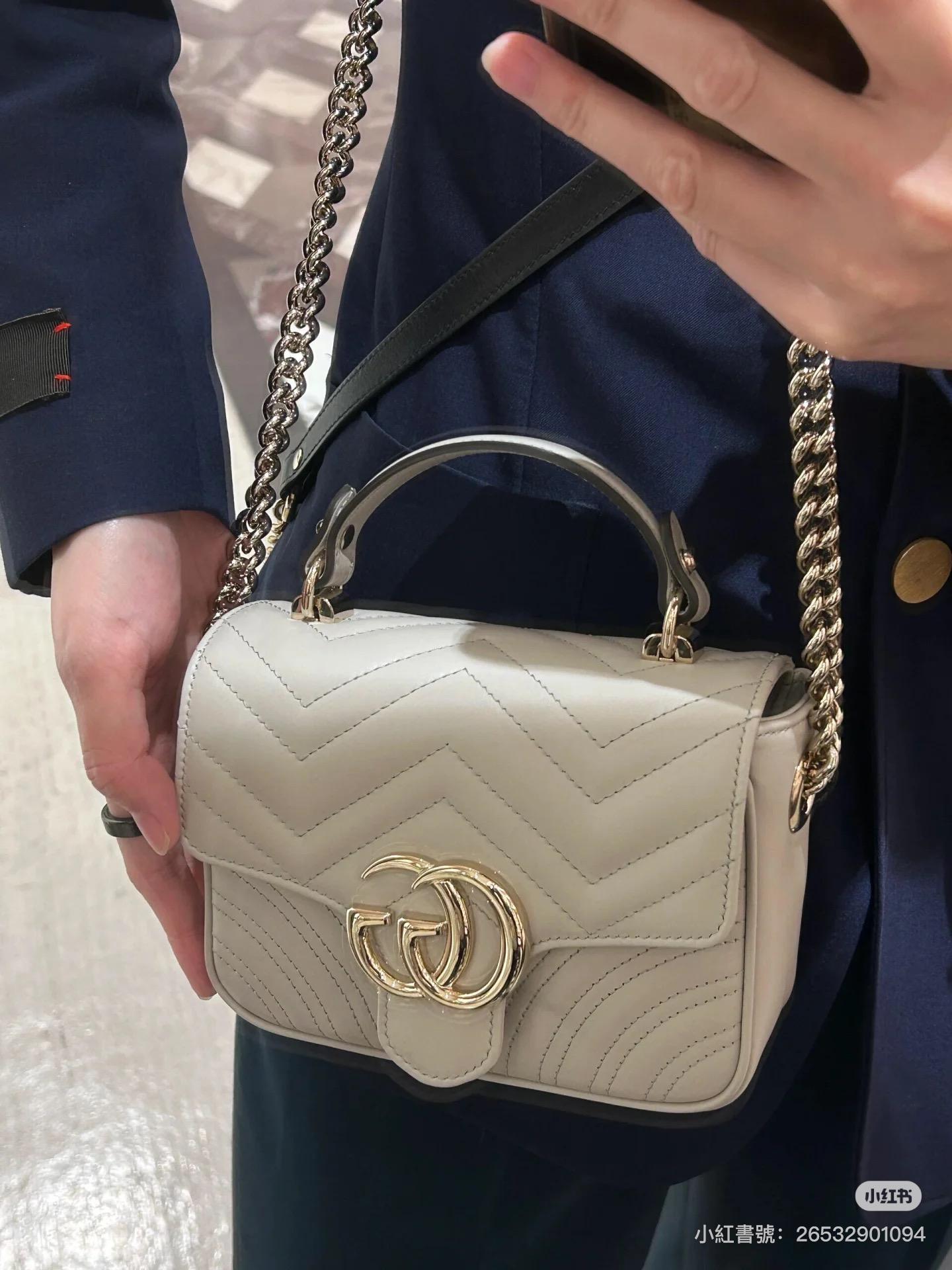 GUCCI Marmont系列迷你手提包 方胖子 淺金釦鏈條包 18cm