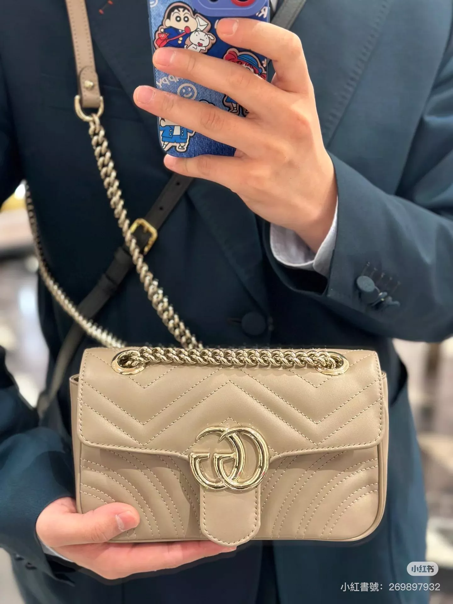 GUCCI Marmont系列 淺金釦鏈條包 淺杏色/23cm